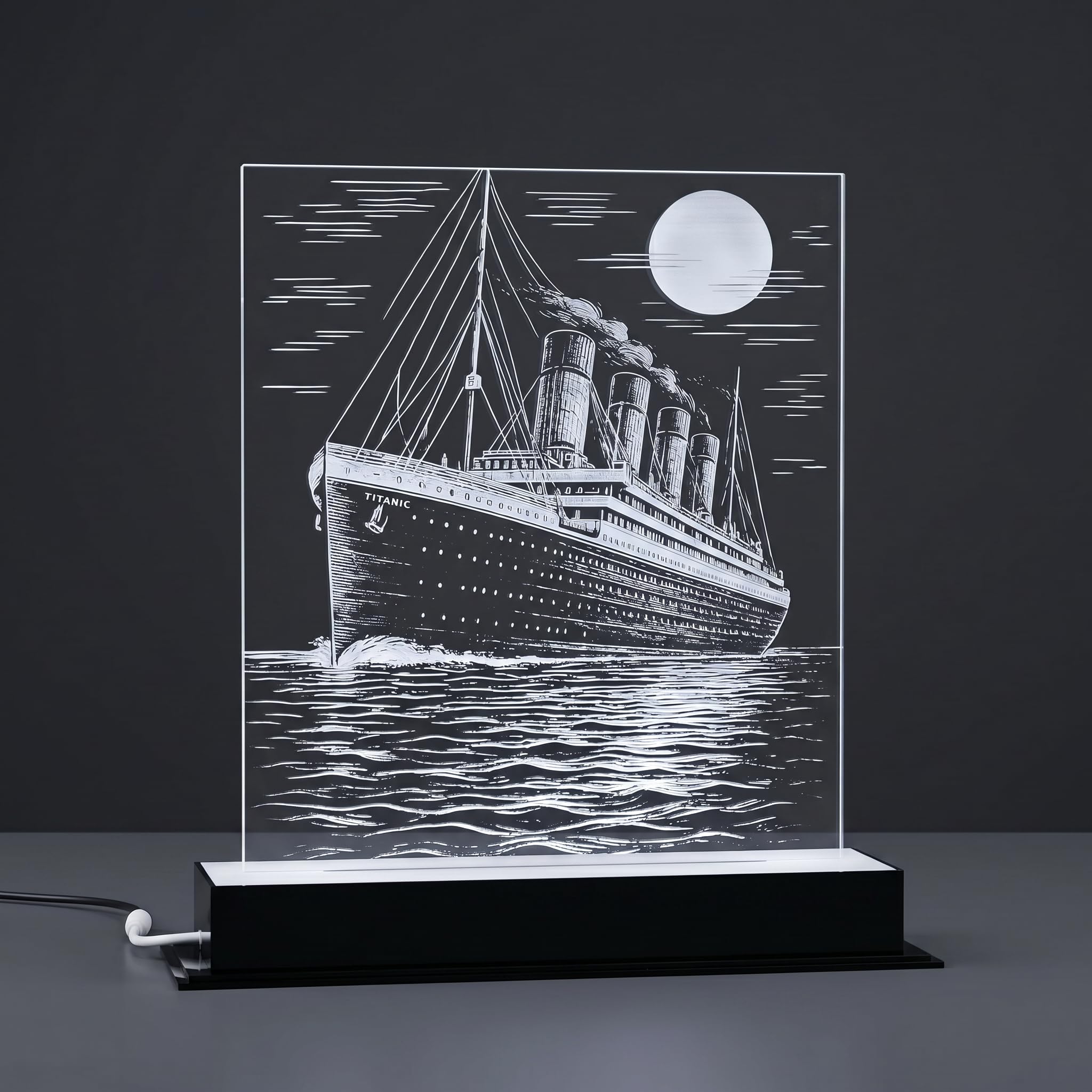 Titanic Premium LED Lampe – Handgefertigt in Deutschland, 36 cm, 16 Farben, dimmbar, Vollacryl-Sockel, 230V Netzbetrieb, Maritime Deko