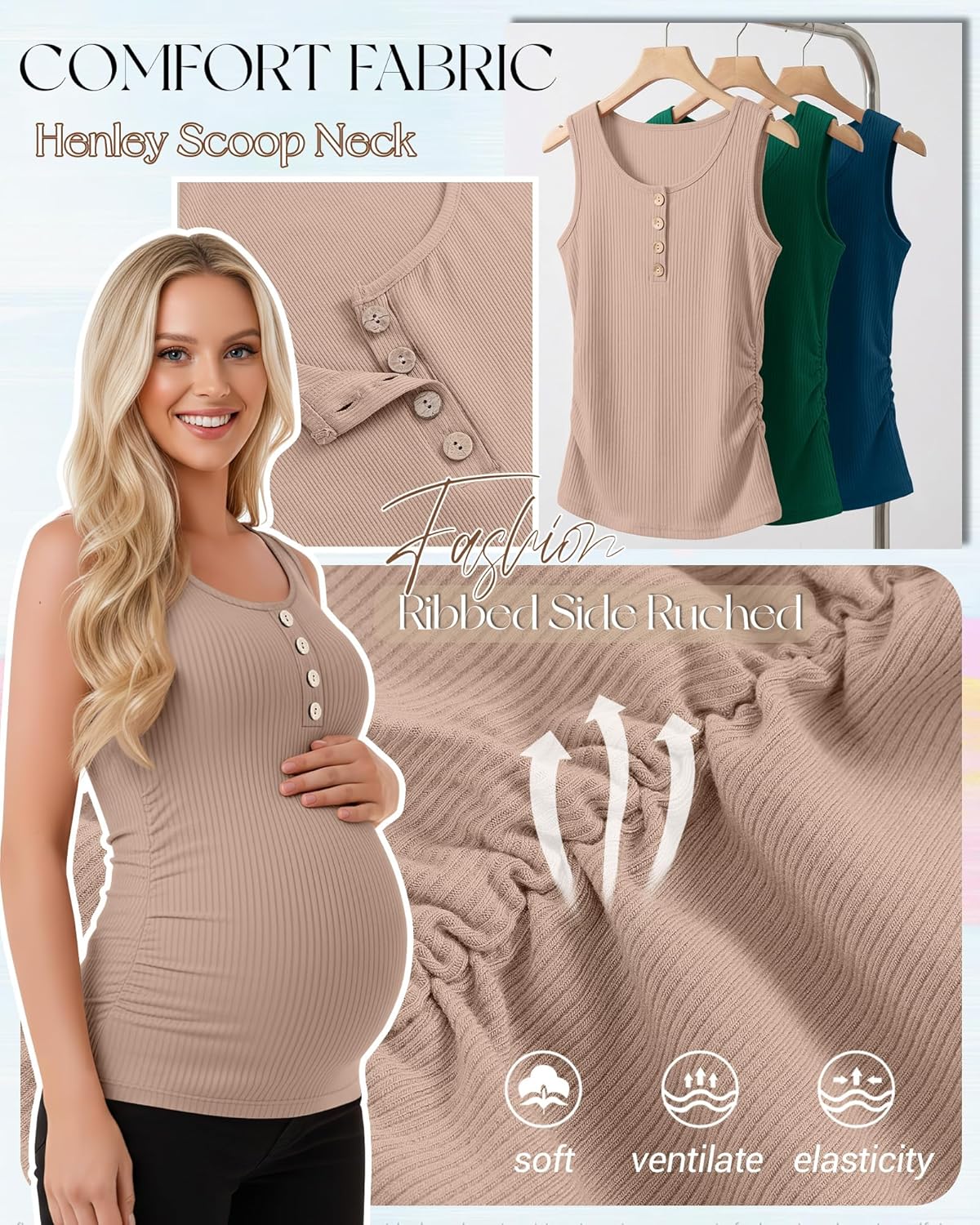 4 Pack Women's Maternity Tank Tops Henley Cotton Scoop Neck Shirt Ribbed Side Ruched Sleeveless Pregnancy Clothes - Image 6