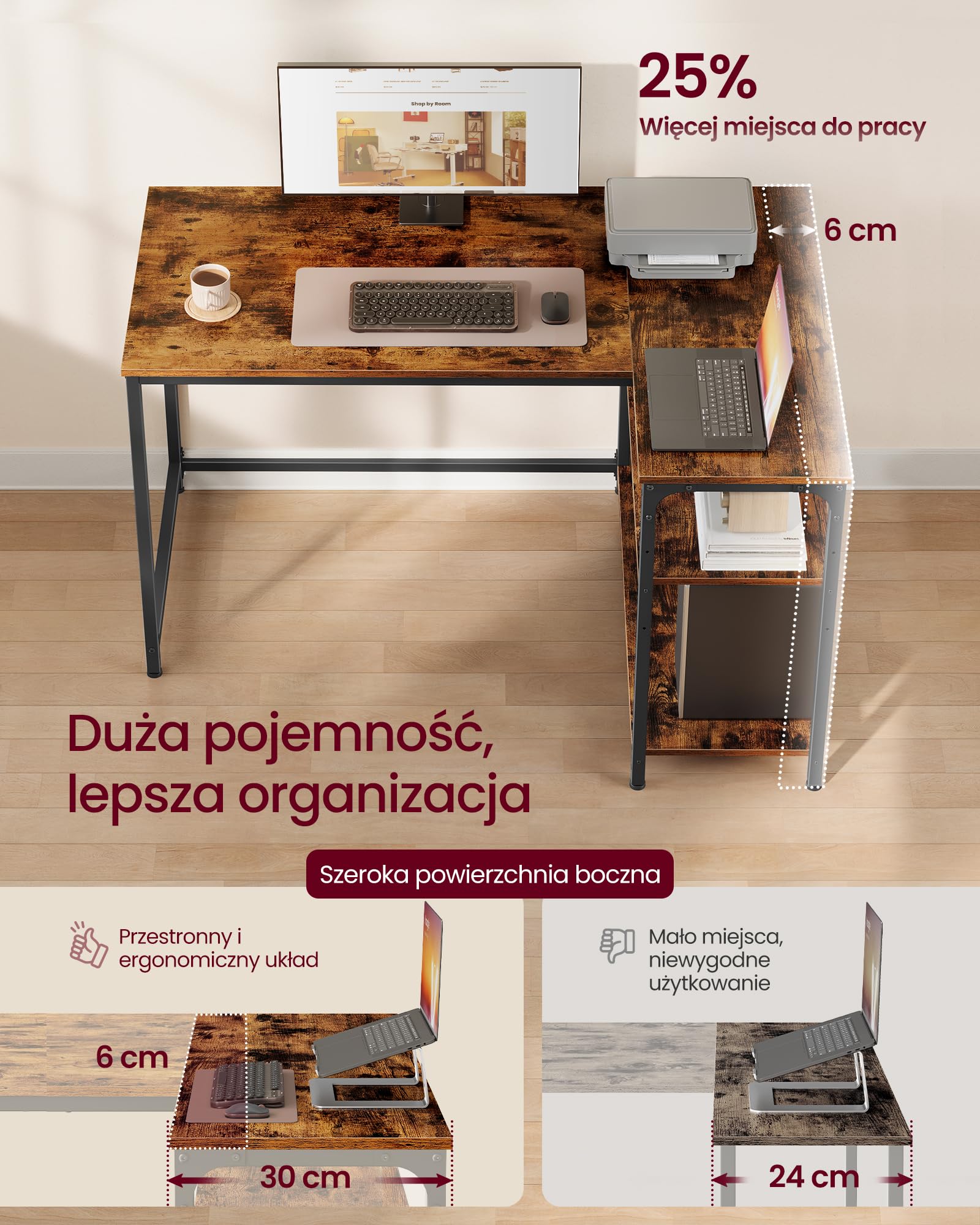 VASAGLE Biurko narożne w kształcie litery L, biurko komputerowe z funkcją przechowywania, dwustronne półki z regulacją wysokości, do domowego biura, 110 x 80 cm, rustykalne brązowe LWD135KD01
