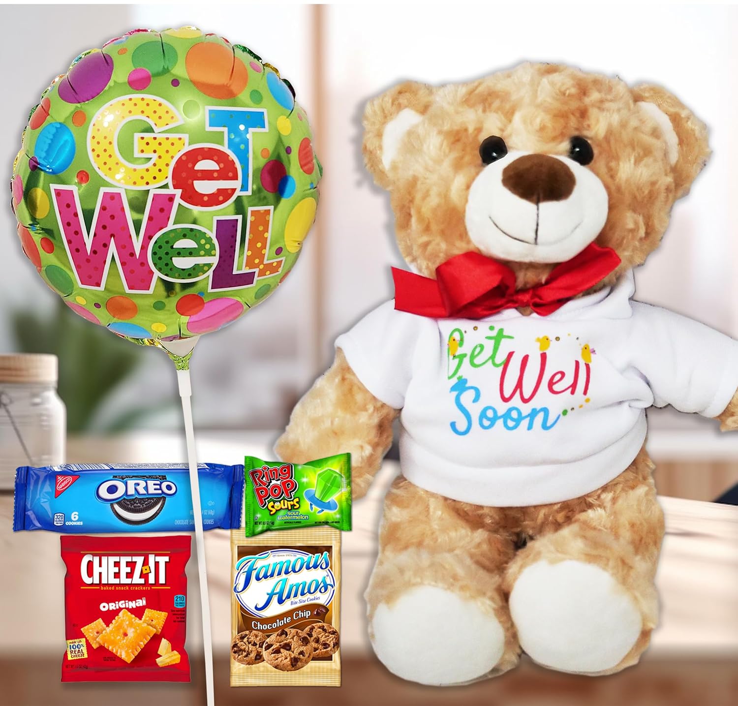 GET WELL GIFT BASKET, care package, w/Teddy Bear & Balloon, Candy & Snacks, greeting card for a sick kid. Recovery gift for a child boy or girl, Feel better soon for home or hospital - Image 2
