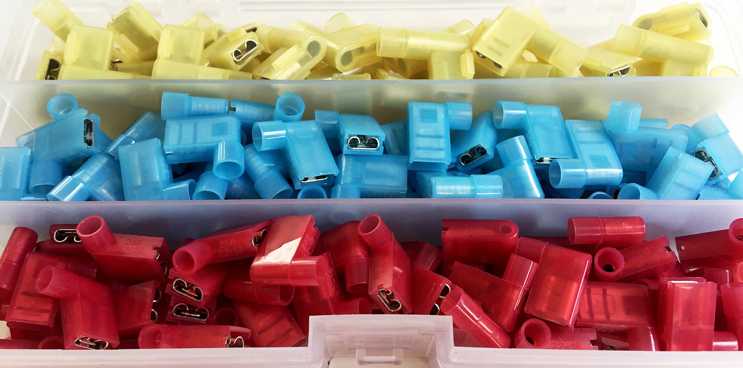 AIRNIX 180 Piece Nylon Insulated Female Flag Disconnects Crimp Terminals 70 Red 22-16ga, 70 Blue 16-14ga, 40 Yellow 12-10ga .250x.032 Tab