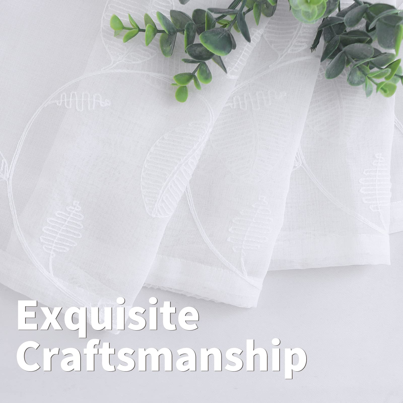 BGment White Embroidered Leaf Sheer Curtains 84 Inches Length 2 Panels Set Faux Linen Grommet Sheer Drapes Window Treatments Curtains for Living Room Farmhouse, Set of 2 Panels, 52 x 84 Inch