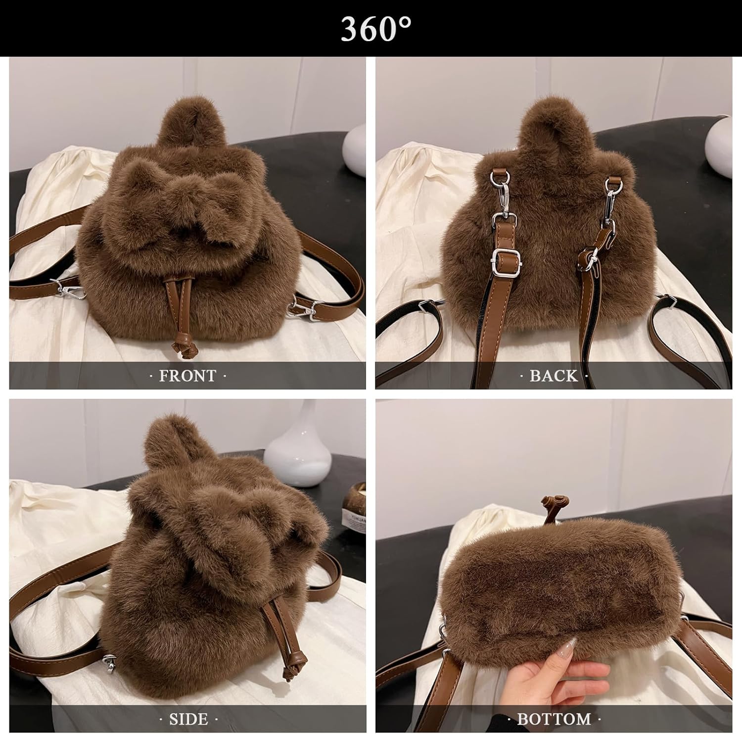 Cute Fluffy Backpack Kawaii Mini Furry Backpack Purse Y2K Bow Fuzzy Backpacks for Girls Women Plush Daypack (White) - Image 6