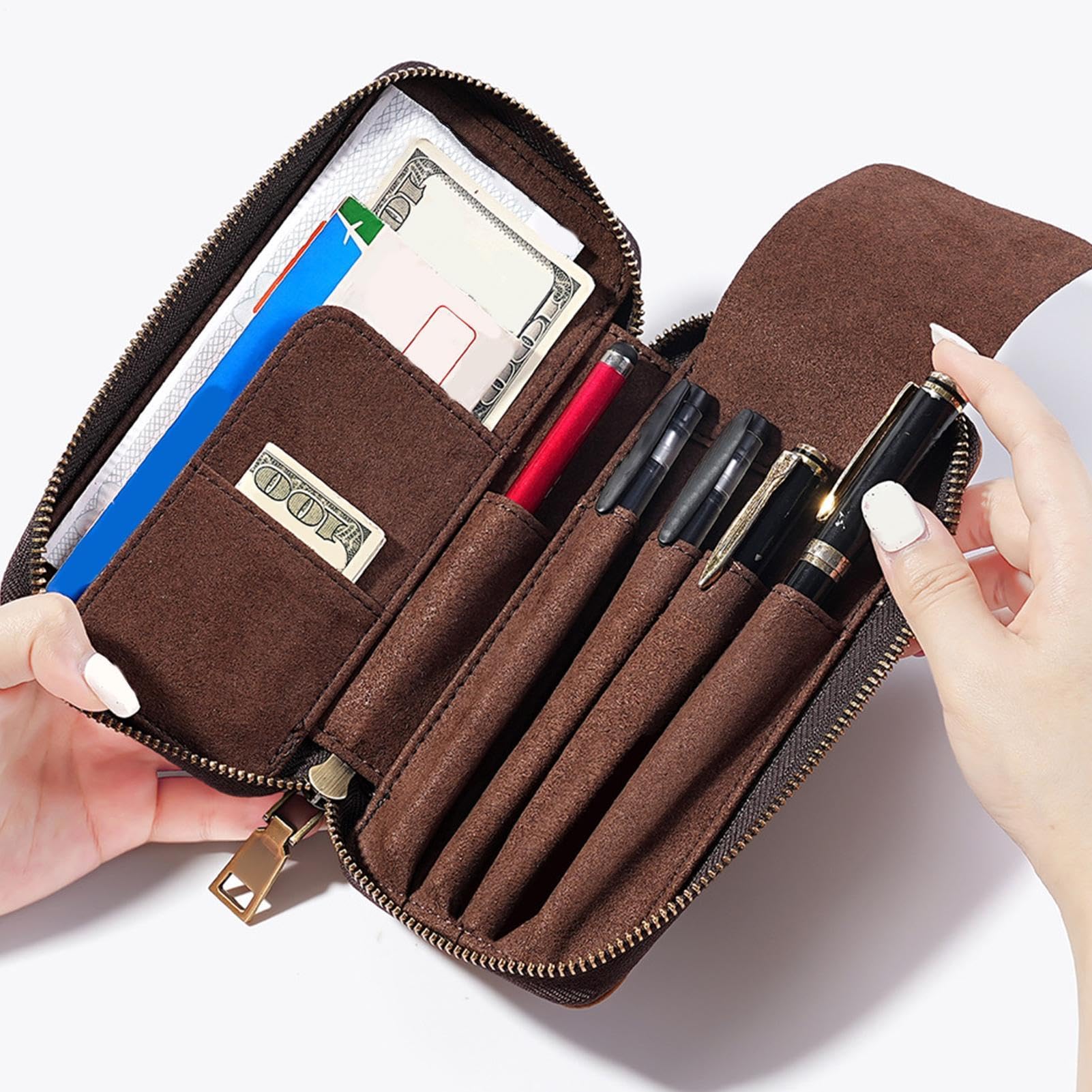 Astuccio in pelle, organizer multifunzionale con 4 scomparti con cerniera