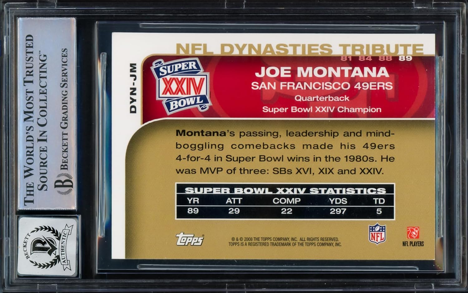 Joe Montana Autographed 2008 Topps N.F.L Dynasties Football Card #DYN-JM Auto Grade Gem Mint 10 Beckett BAS Stock #229004