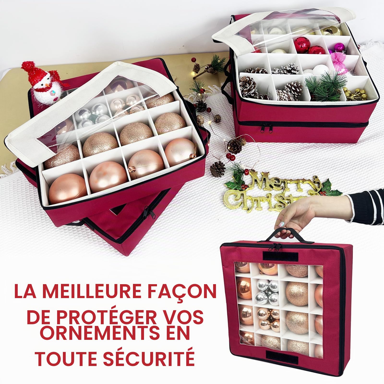Boîte de rangement pour boules de Noël avec séparateurs - 4 pièces de rangement pliables pour décorations de Noël avec 2 poignées et couvercles pour les fêtes (Rouge)