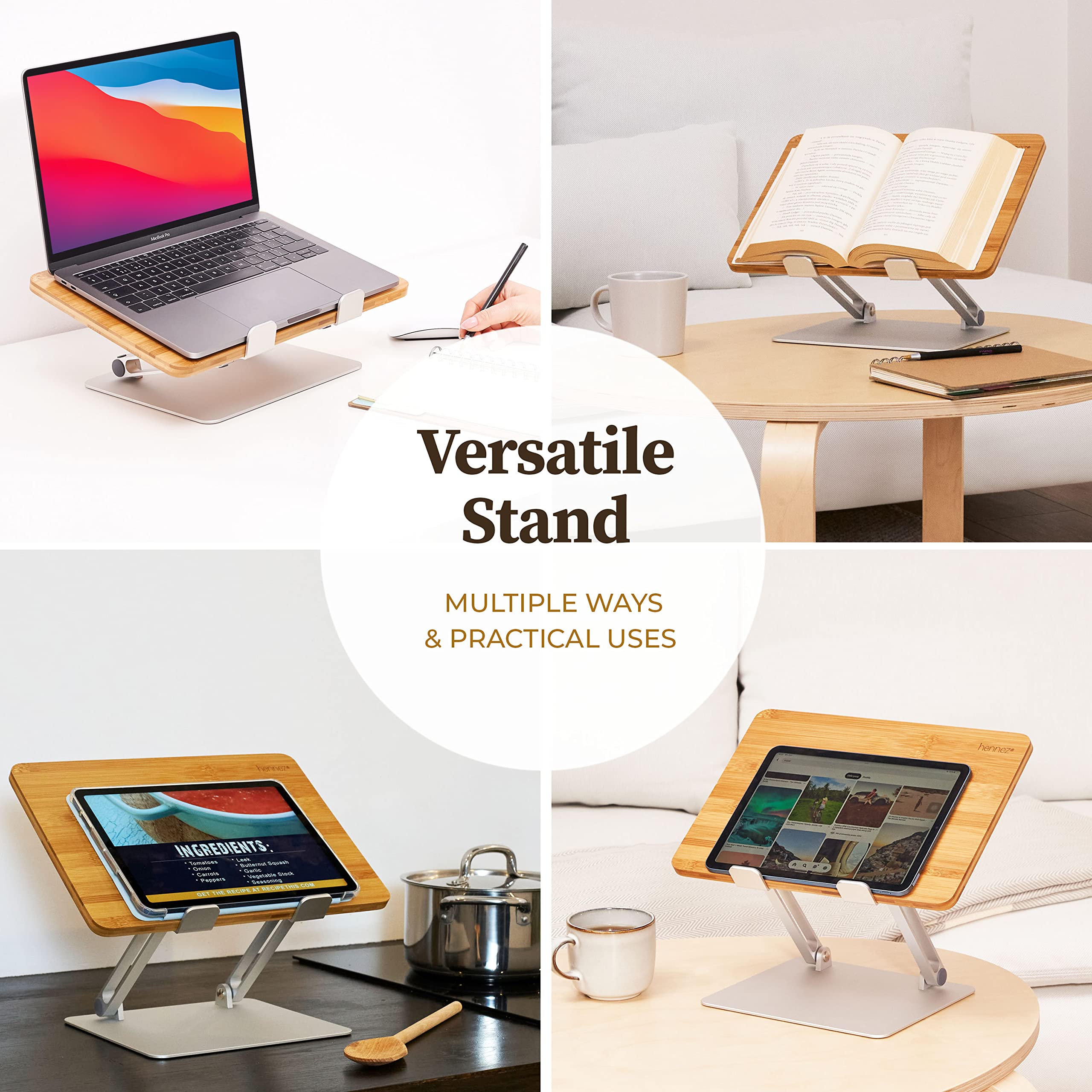 HENNEZ Supporto per computer portatile in legno, regolabile in altezza, supporto per notebook/MacBook