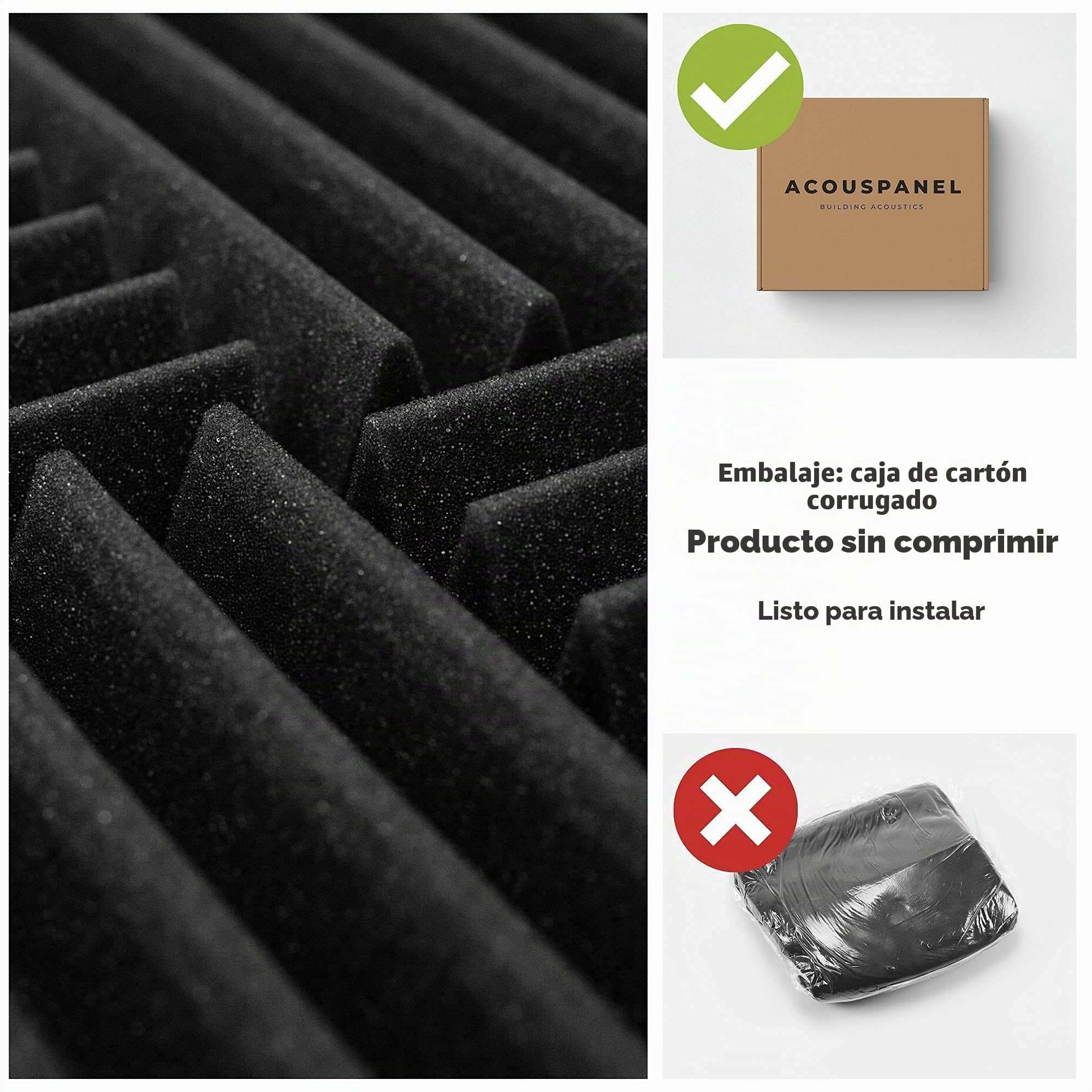 ACOUSPANEL Espuma Acústica Pack 24 Paneles Acústicos Sin Comprimir de 30x30x4cm Gris Antracita Ignífugo