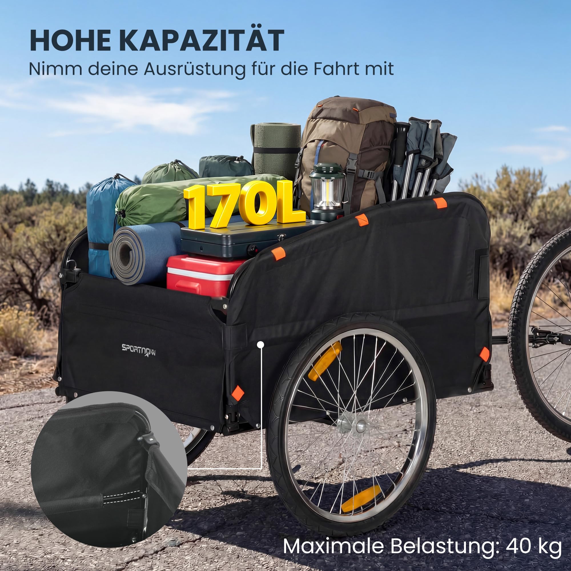 SPORTNOW Fahrradanhänger 170 L Transportanhänger bis 40 kg mit Kupplung Abdeckplane 51 cm Luftreifen