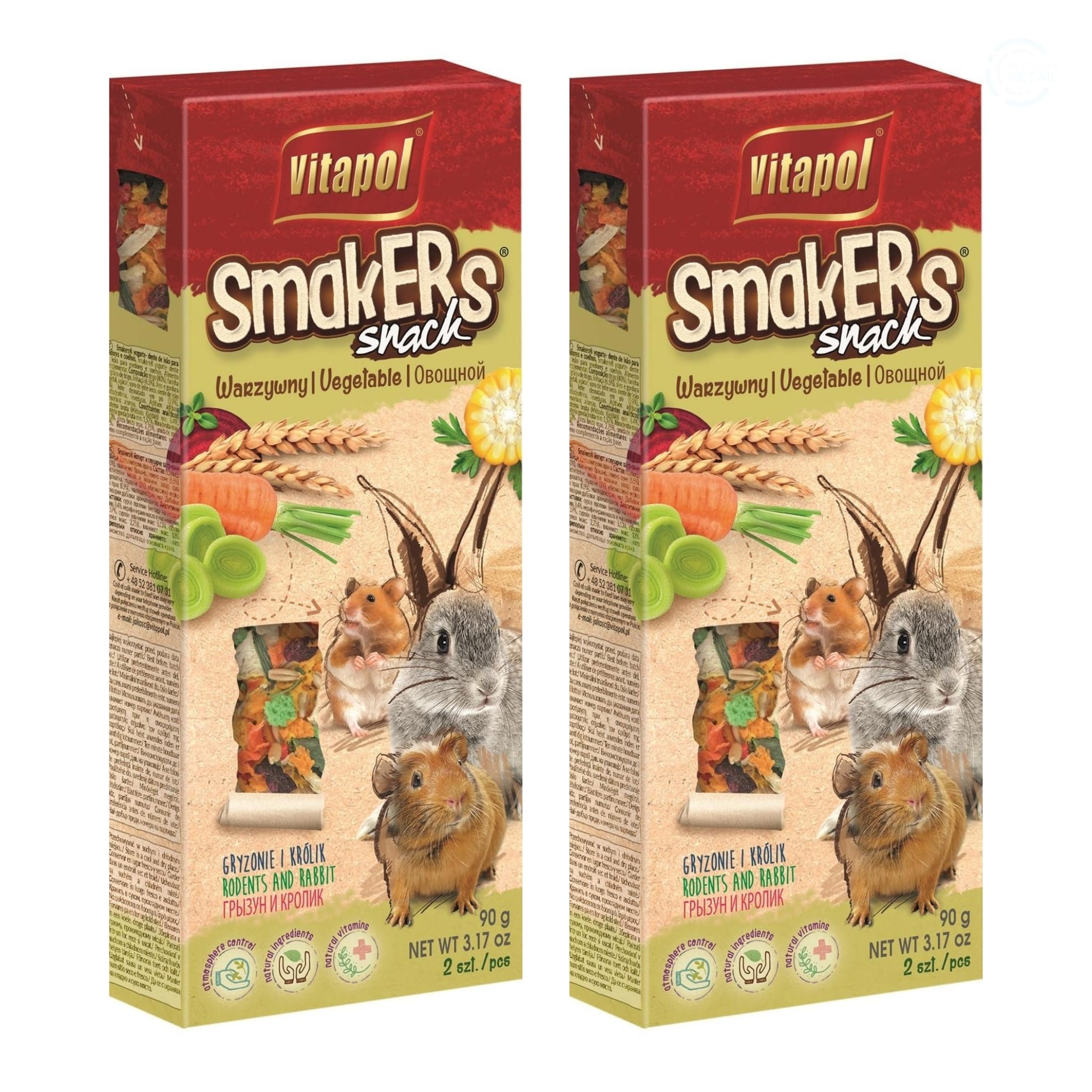 Vitapol Smakers® Natural Treat Sticks for Rodents & Rabbits – Enriched with Fruits, Vegetables, Herbs, Nuts & Probiotic Yoghurt – Healthy Complementary Snacks (8pcs, 360g, Vegetable)