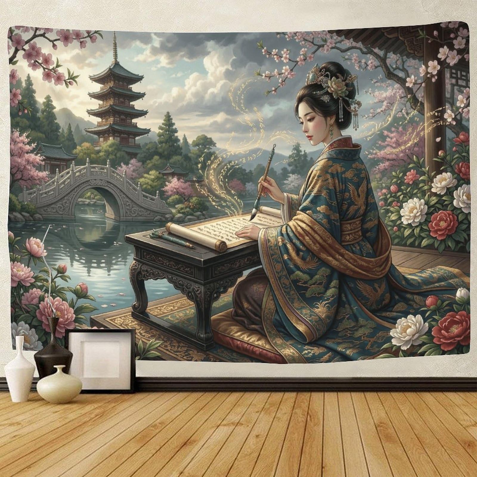 GPMNBCXZK Japanese Geisha Elegant Wall Art Traditional Pagoda 3D Printed Decor for Bedroom Living Room Dorm 180cmx230cm