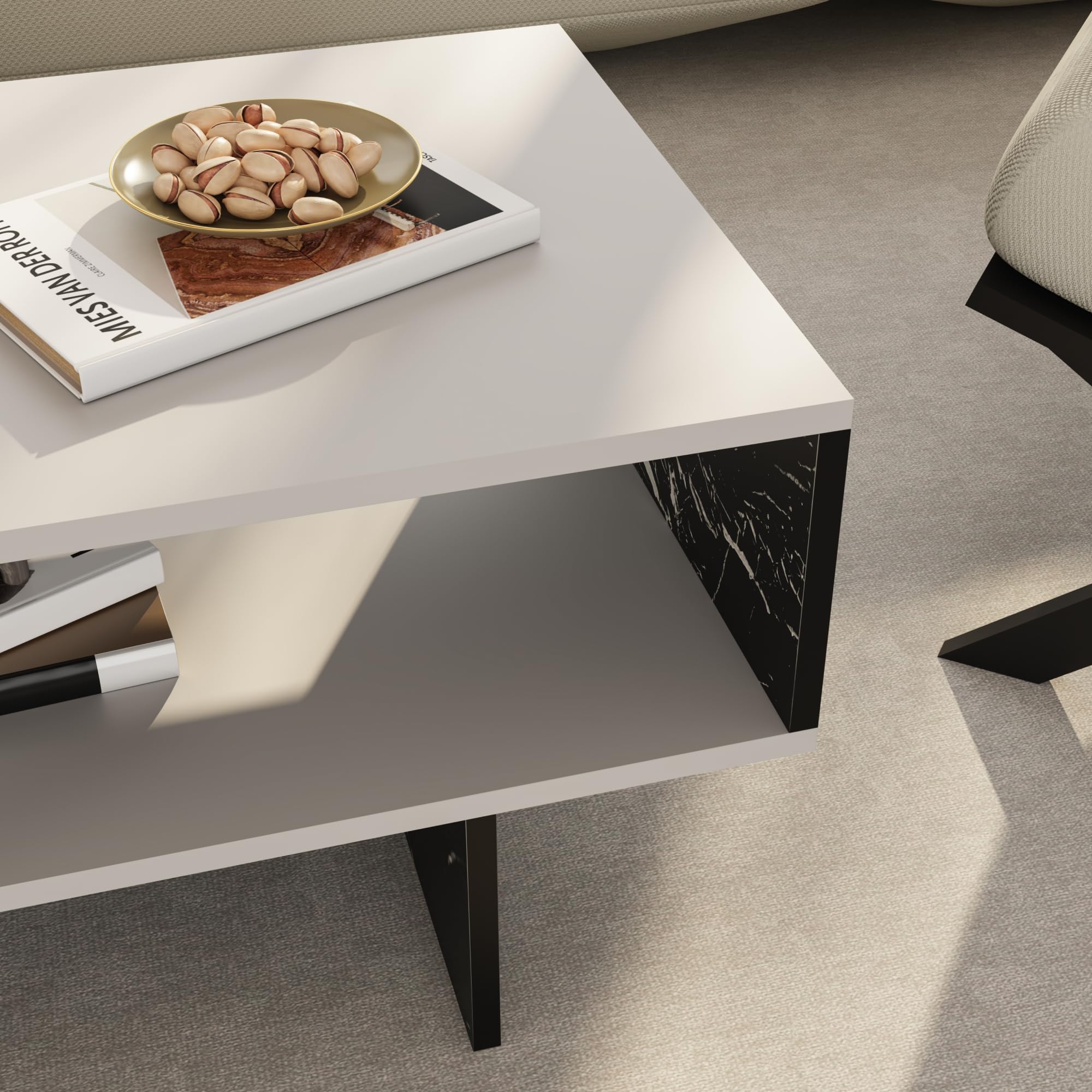 [en.casa] Mesa de Centro Mesa Auxiliar Rectangular Mesa Baja Estable con Estante para Salón Aglomerado 37 x 80 x 45 cm Blanco/Mármol Negro
