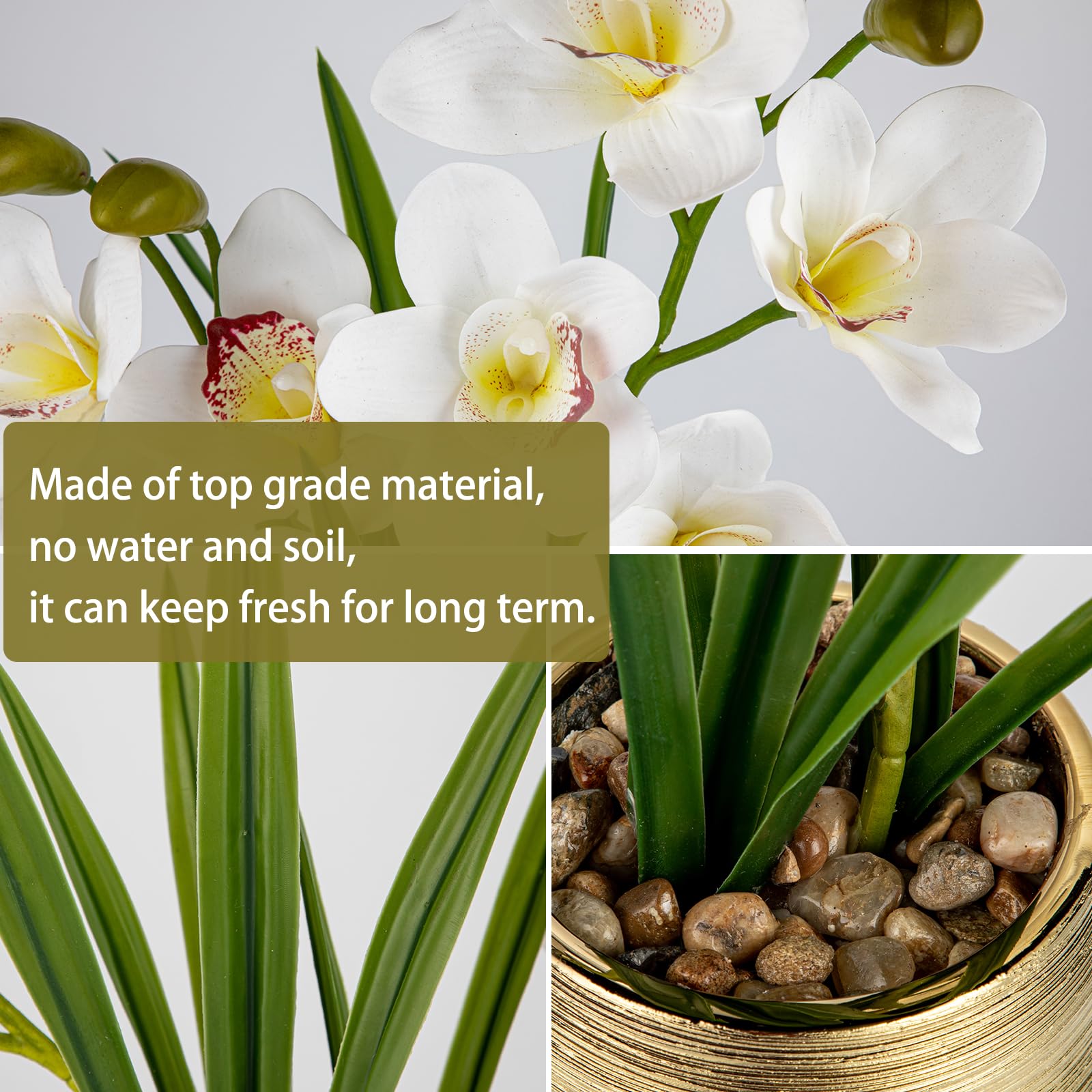 Oairse Orquídeas blancas artificiales de seda sintética Cymbidium orquídeas en maceta dorada, arreglos florales de orquídeas blancas falsas, centro de mesa, planta de orquídea sintética para