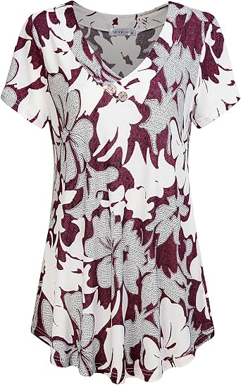 MOQIVGI Womens V Neck Short Sleeve Floral Print Blouse Tops Fashion Casual Tunic Shirts