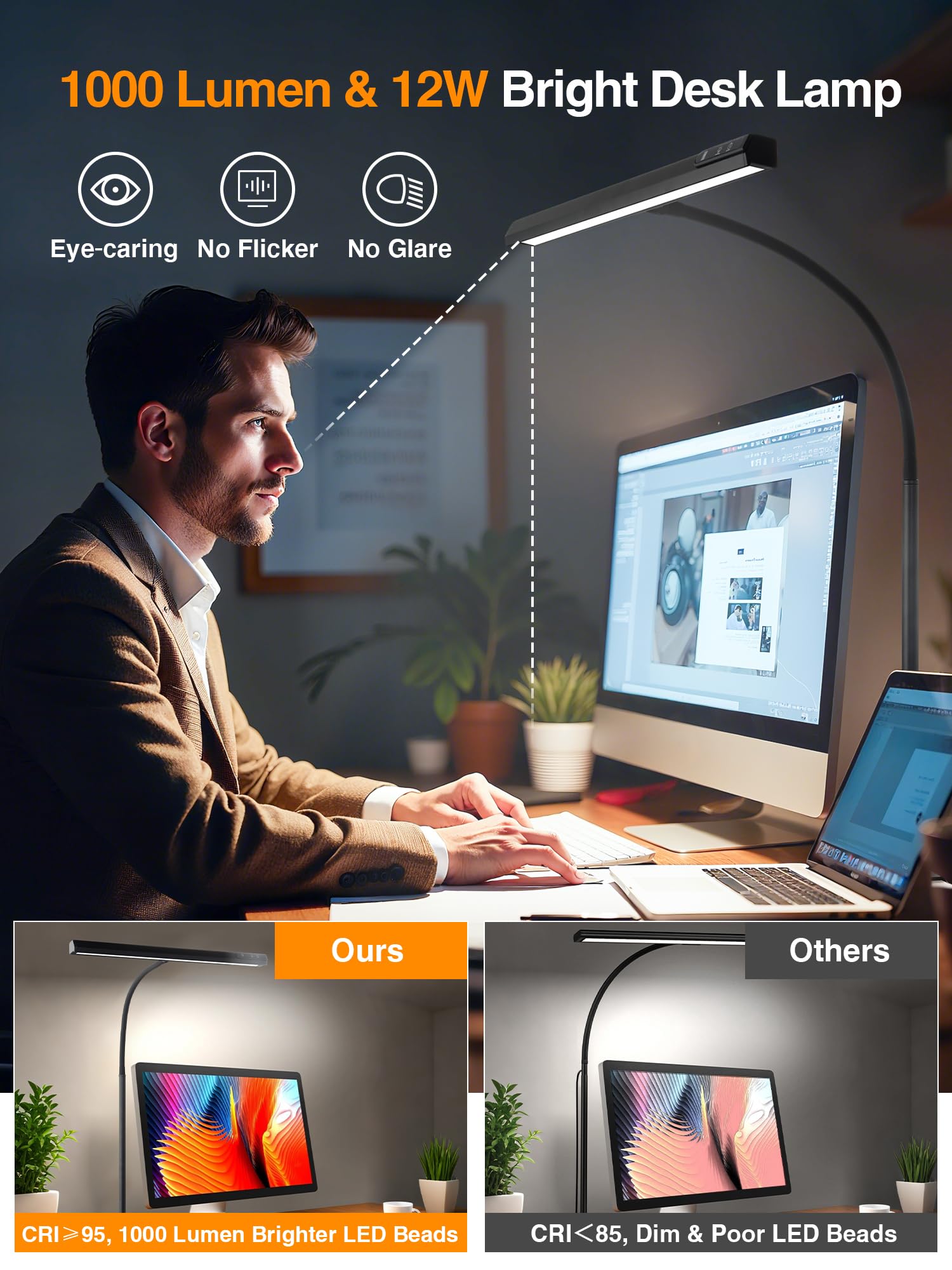 ReinHoo Desk Light,5 Color+9 Brightness LED Desk Lamp with Clamp,Touch & Remote Control,1000 Lumen Bright Monitor Light Bar with Timer,12W USB Adapter Desk Lamps for Home Office Study - Image 4