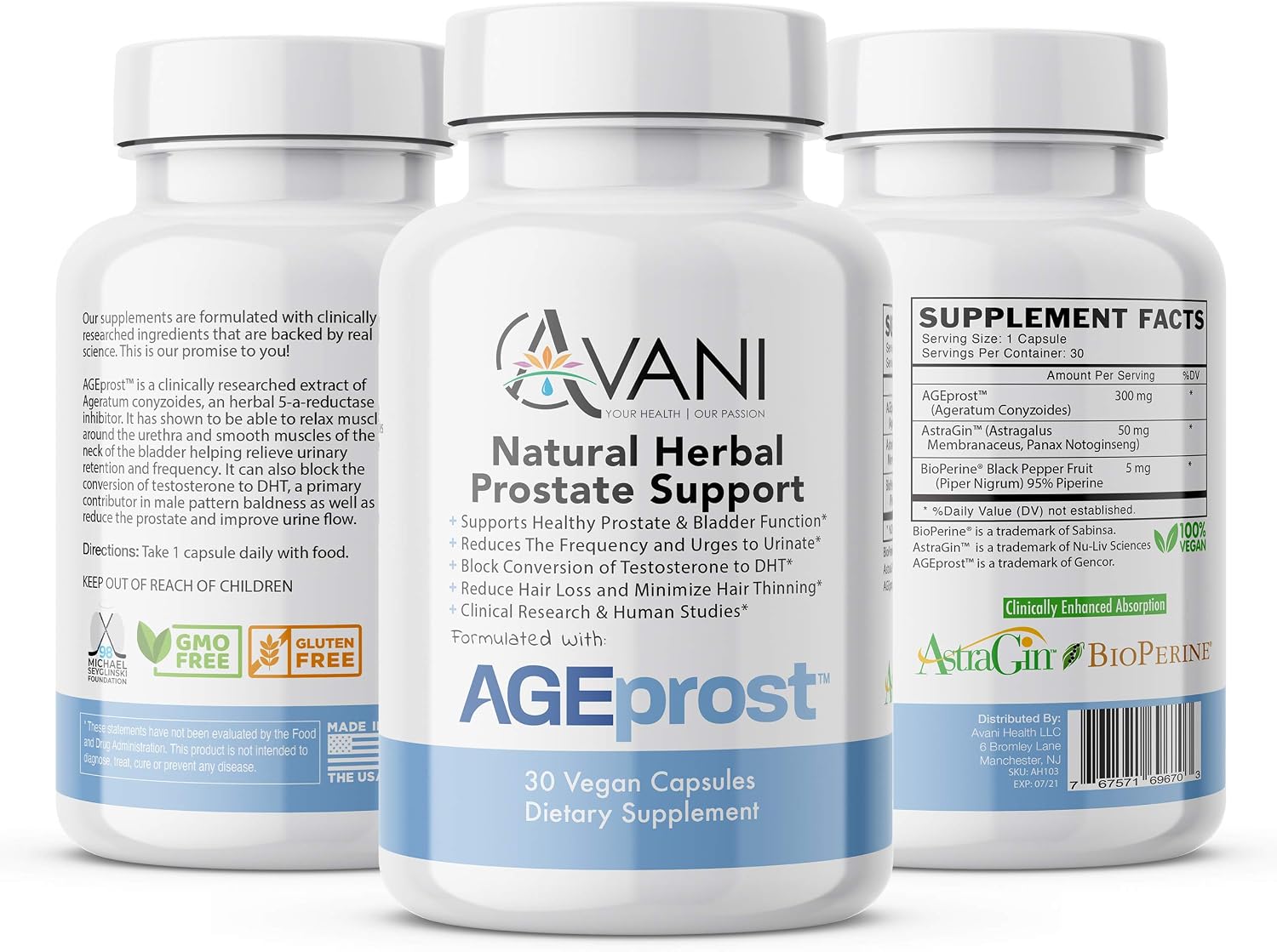 Avani Health -- Best Natural Herbal Prostate Health Support - Supplement for Men - Reduce Frequent Urination & Midnight Bathroom Trips - DHT Blocker Hair Loss Supplement