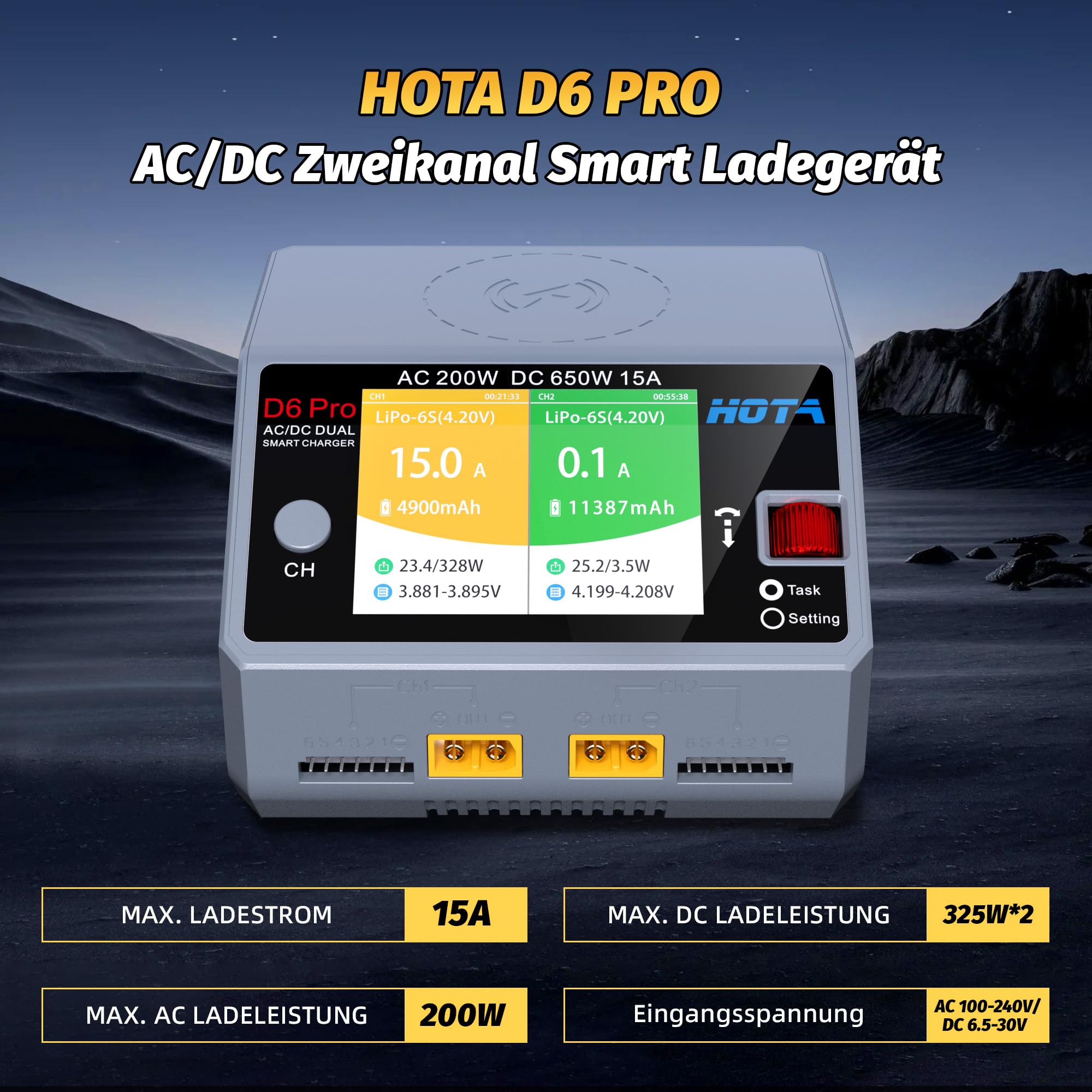 HOTA D6 Pro RC Akku Dual RC Ladegerät, AC200W DC 325W, 15A, Balance Ladegerät zum Laden von RC LiHv, Nicd und NiMH Akkus, RC Auto, RC Boot, FPV Renn Drohnenteilen