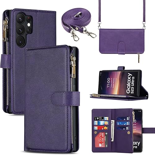 Cavor Funda magnética para Samsung Galaxy S23 Ultra con soporte y correa, funda de cuero a prueba de golpes y tapa de cuero a prueba de golpes para