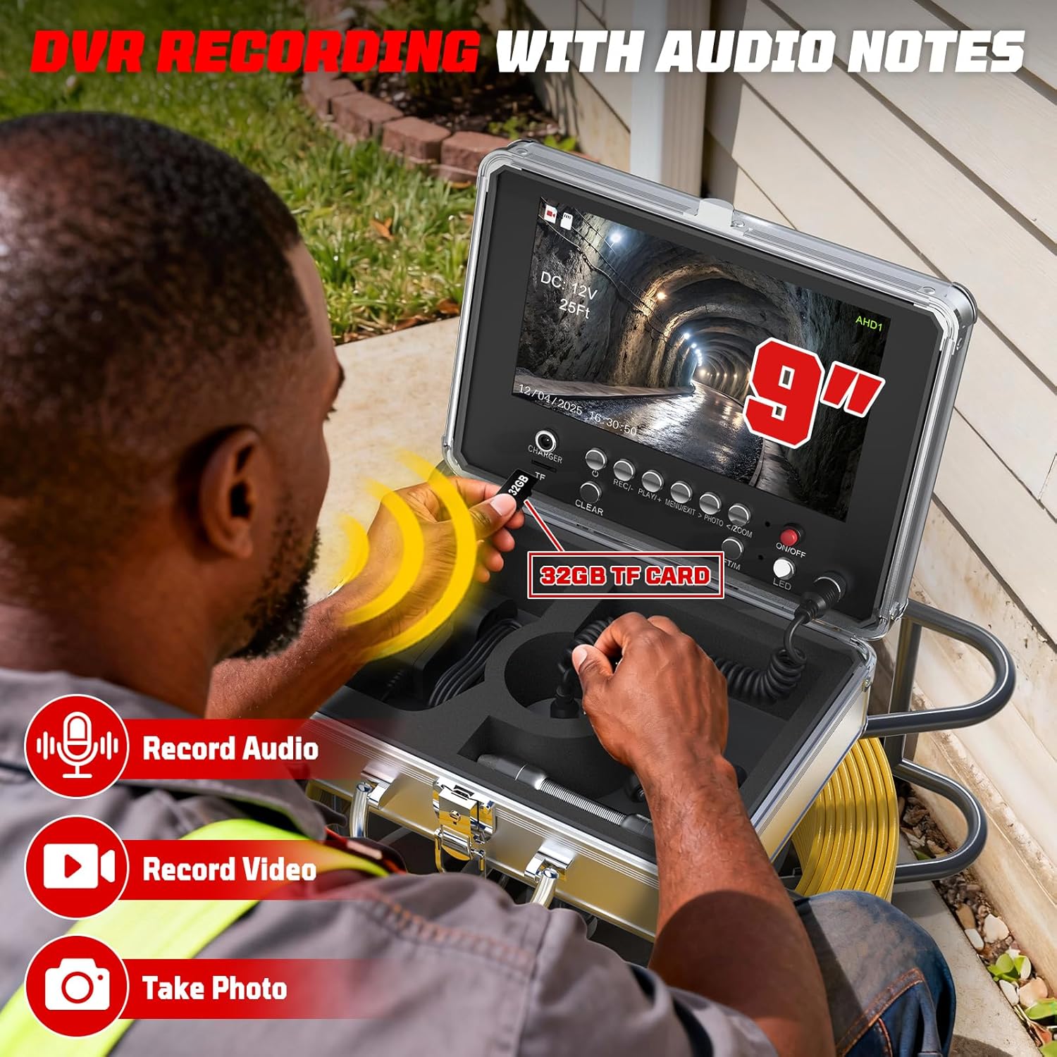 Sewer Camera with Locator 100ft, Self Leveling Drain Cameras with Distance Counter, 7mm Thickness Cable, 9" IPS 1080P HD Plumbing Camera Snake with Light, Pipe Inspection Cam with MIC/DVR 32GB