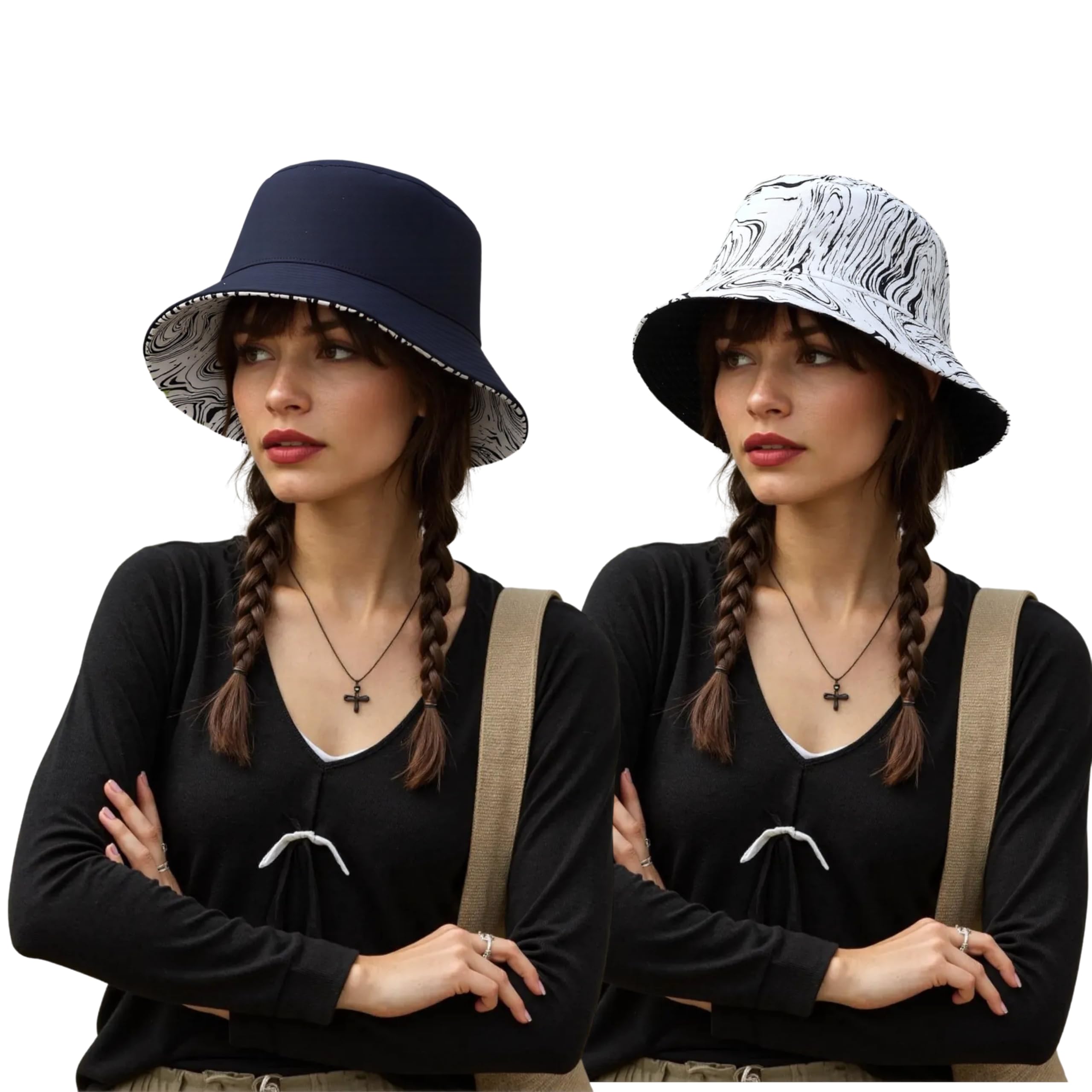 Unisex Sun Hats, Fashion Beach Reversible Bucket Hat for Men Women,Summer Outdoor Boy's Girls Boonie Cap Breathable Packable Liquid Print Black and White-image-2