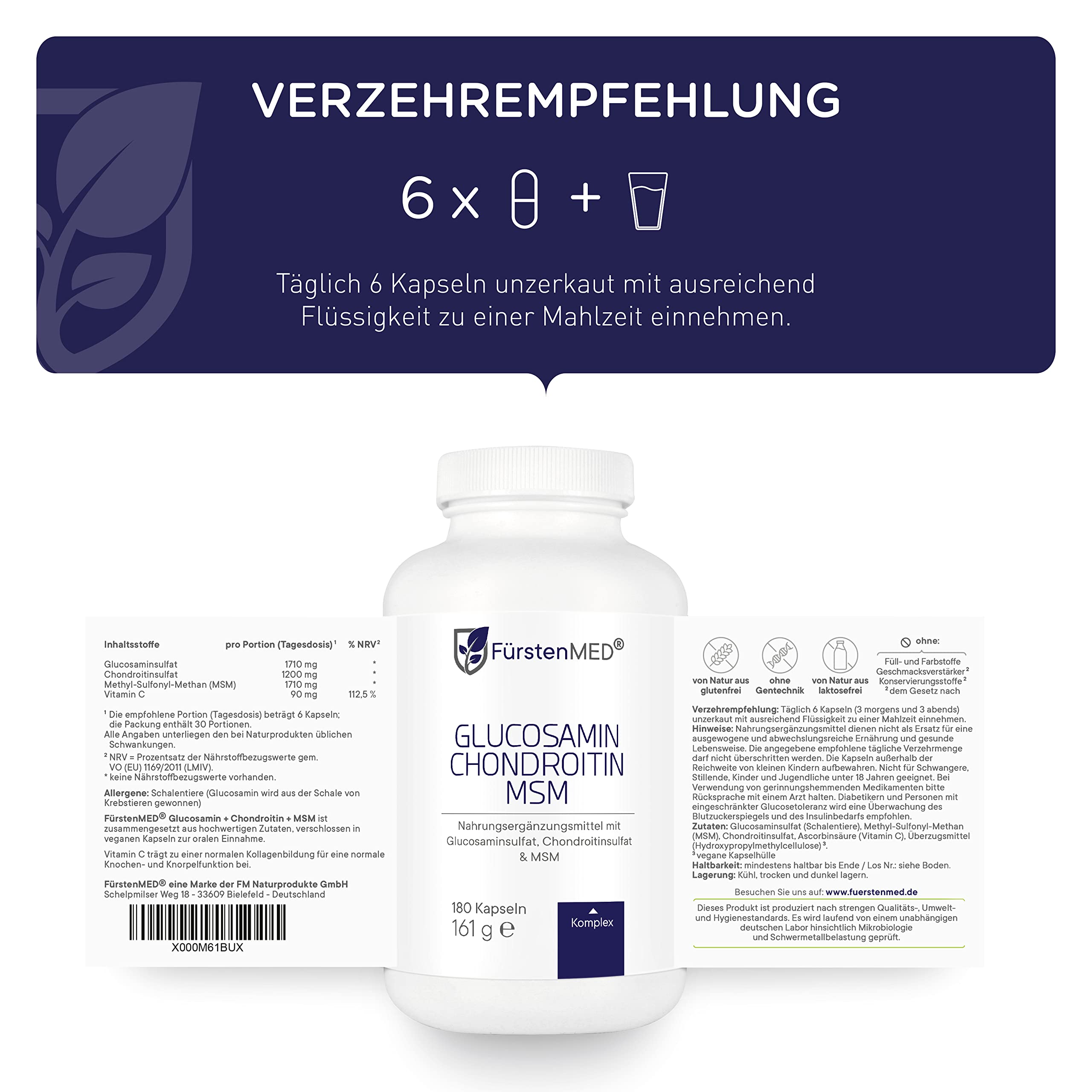 FürstenMED® Glucosamin Chondroitin MSM Hochdosiert + Vitamin C, 180 Kapseln als 4 Fach Komplex mit Glucosamine, Laborgeprüft & Ohne unerwünschte Zusatzstoffe