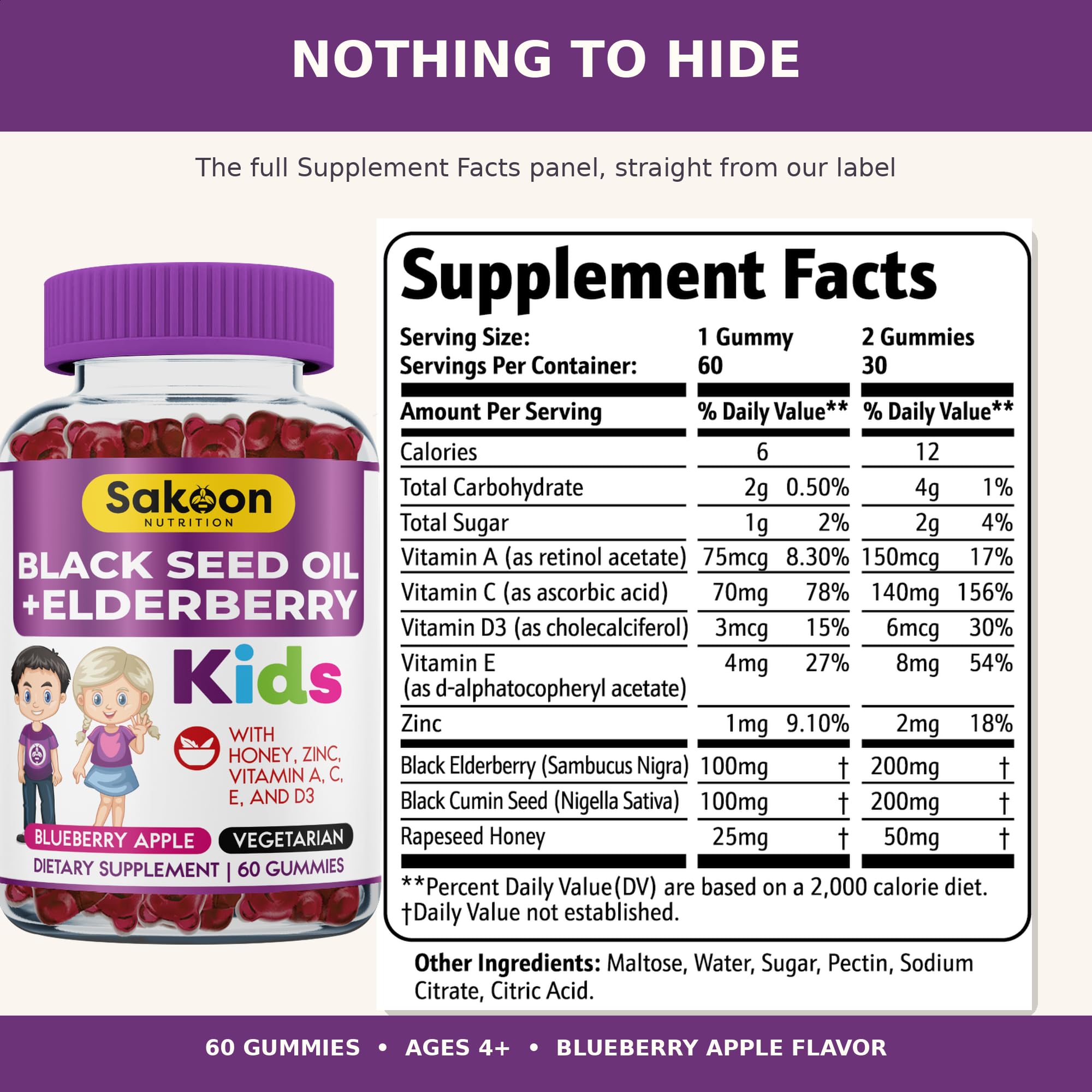 Sakoon nutrition Elderberry Gummies for Kids with Black Seed Oil, Immune Support, with Vitamin C and Zinc, Delicious Berry Flavor, 60 Gummies — Amazon image 2