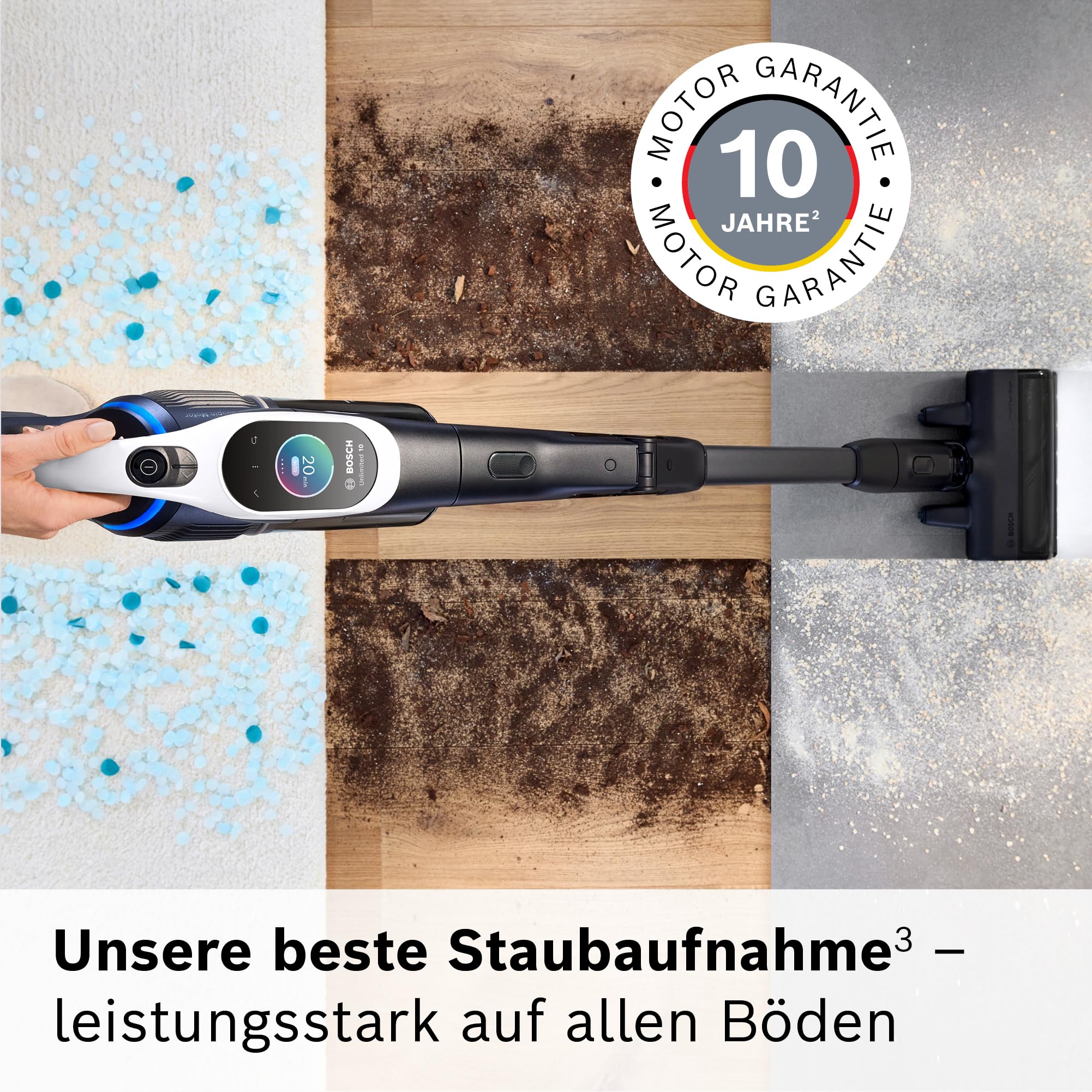 Bosch Akku-Staubsauger Unlimited 10 BTS1042WAC, kabellos, MicroClean Technology, TFT-Display, Staubkomprimierung, HEPA-Filtersystem, 10 J. Motorgarantie, 4 Ah Akku, LED-Licht, Schnellladegerät, weiß