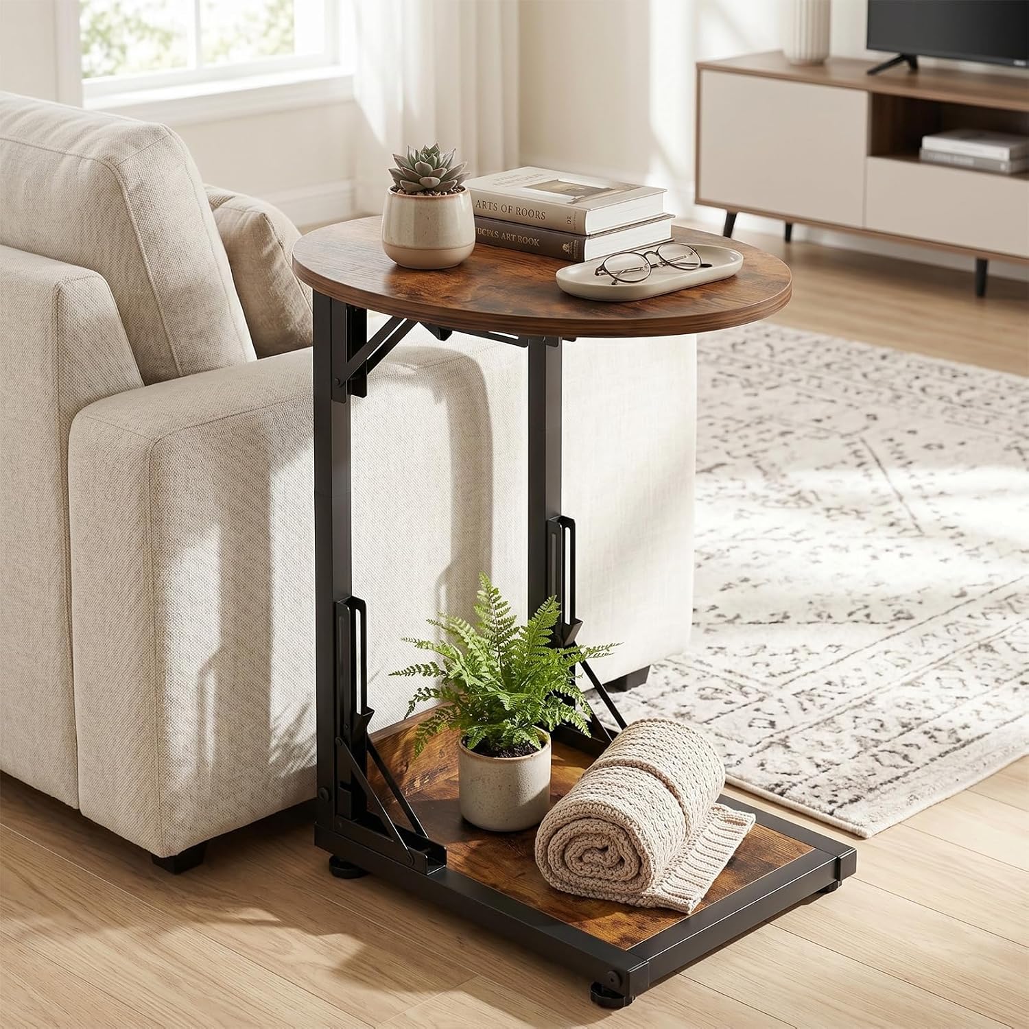 C Shaped Side Table, Folding End Table with Metal Frame, Foldable Table for Eating, Couch Sofa Table,Slide Under TV Tray Table for Living Room, Bedroom, Small Spaces (Brown)