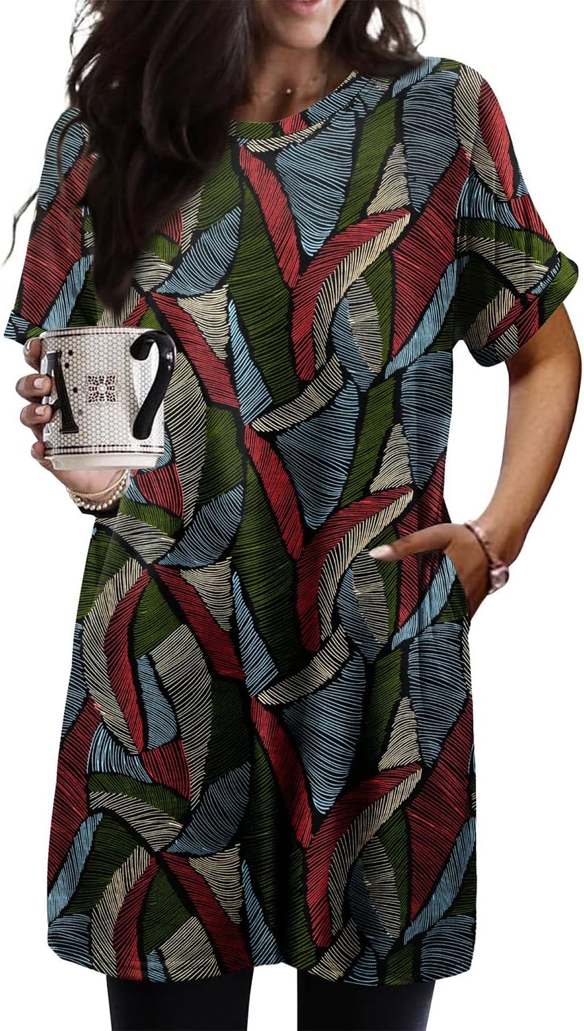 – Womens Short Sleeve Tunic Tops for Leggings Basic Summer Long Shirts Fashion Loose Clothes