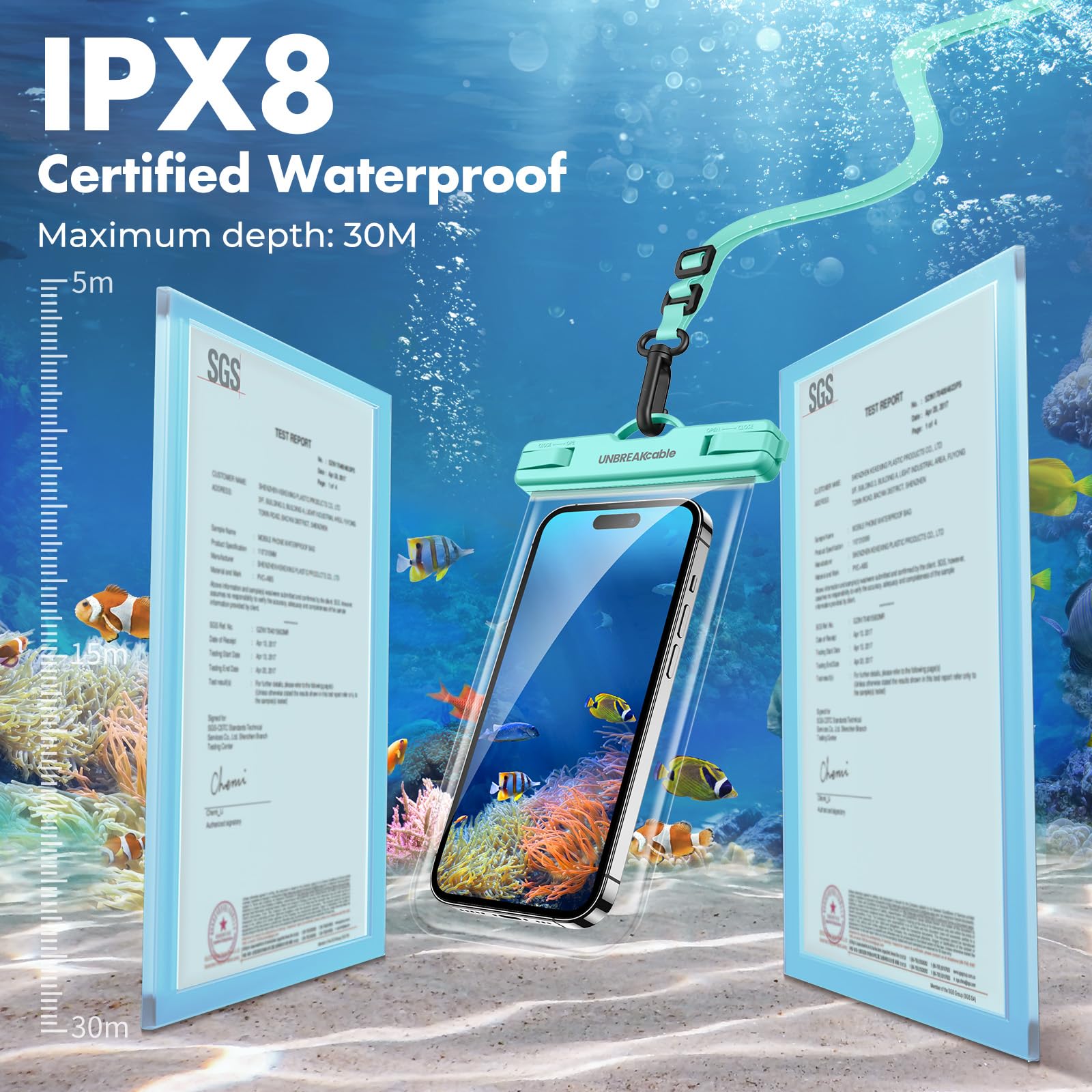 UNBREAKcable Custodia Impermeabile Smartphone IPX8 [2 Pezzi], Cover Cellulare Subacquea per iPhone 13 12 11 PRO Max Mini, XR XS X SE 8 7 6, Samsung S22/S21/S20, Huawei Xiaomi Fino a 7.0"