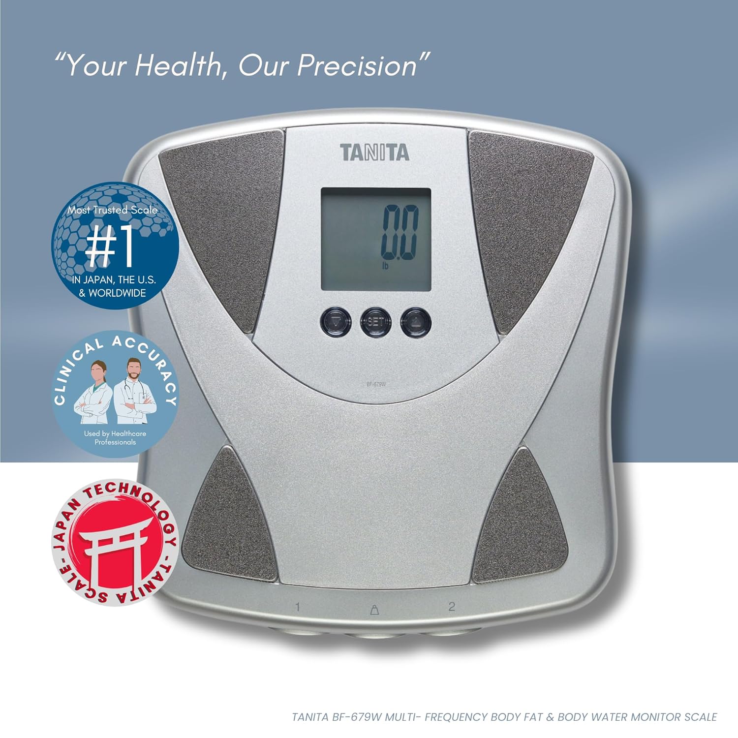 Tanita BF-679W Multi-Frequency Digital Body Fat and Body Water Scale - Smart Bathroom Weight Scale - Body Composition Monitor with Japan Technology - 300 lb Capacity - 2-User Memory