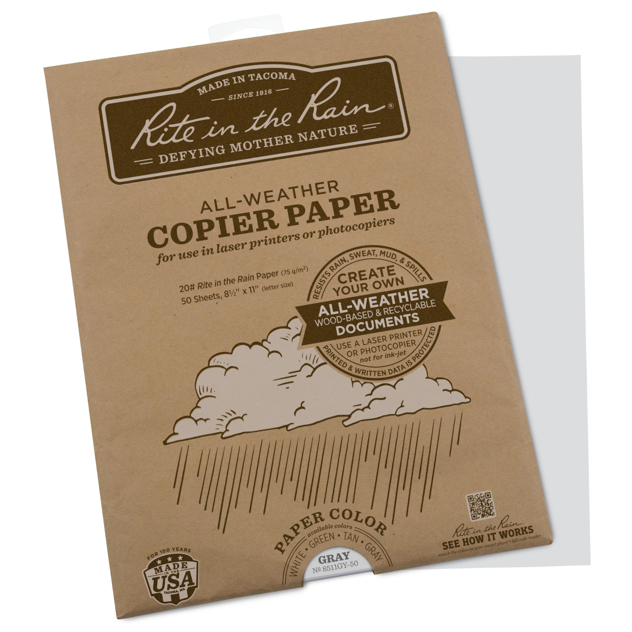 Rite in the Rain Weatherproof Laser Printer Paper, 8.5" x 11", 20# Gray Colored Printer Paper, 50 Sheet Pack (No. 8511GY-50)