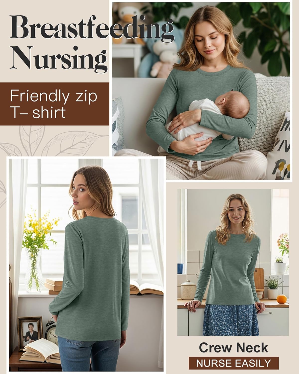 Women's Maternity Nursing Shirt, Cotton Knit Long Sleeve Breastfeeding Top with Hidden Zipper Pregnancy Clothes - Image 3
