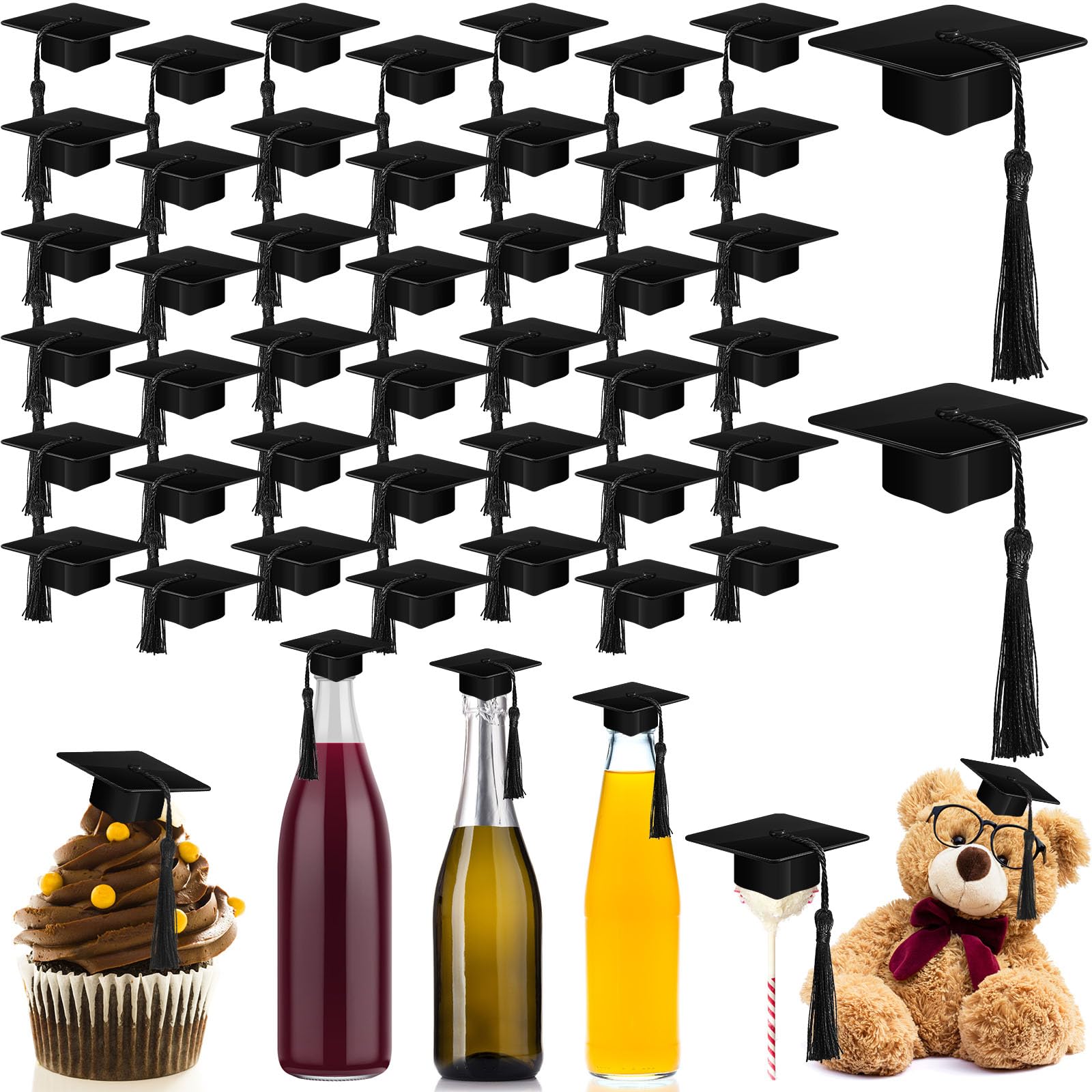 Qunclay 60 Pieces Mini Graduation Cap Black Hats with Black Tassels Plastic Grad Cake Supplies Cover Toppers for Graduation Party Decorations