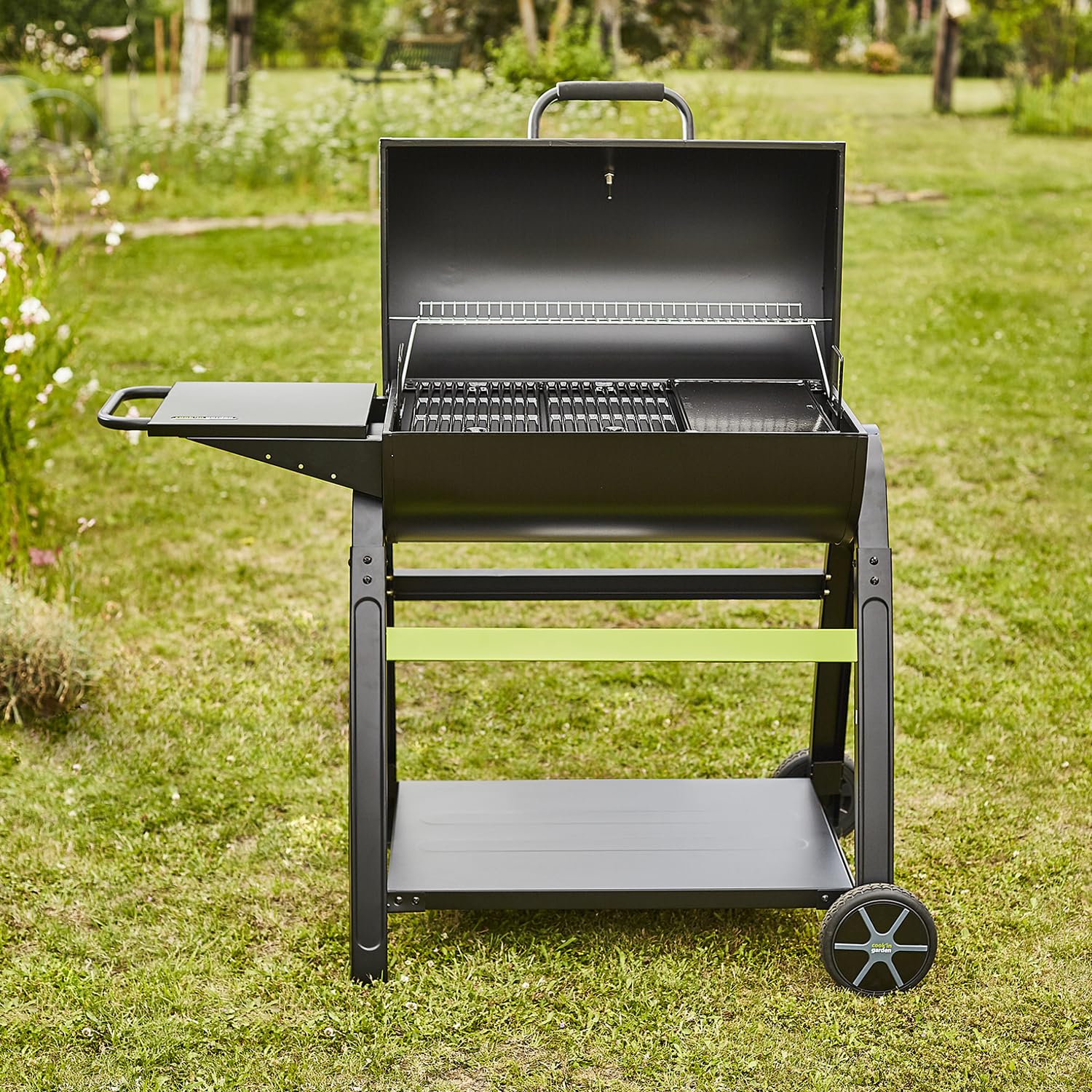 Cook’in Garden - Barbecue Charbon de Bois Tonino 70 Original, Grill et Plancha, Cuve BBQ Acier, Surface de Cuisson XXL en Fonte Émaillée, Couvercle avec Thermomètre, pour Extérieur & Jardin