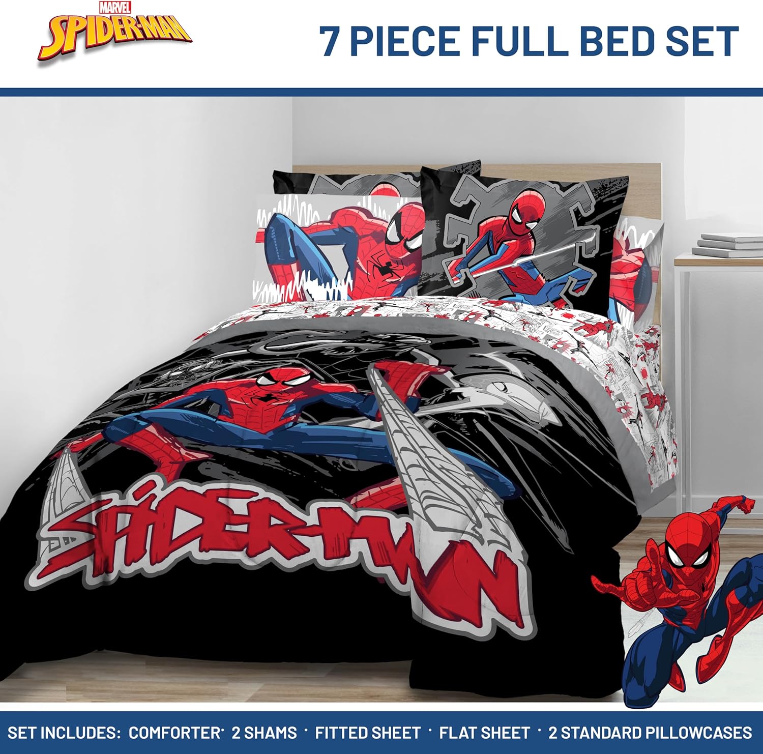 Jay Franco Kids Comforter Set Includes Sheets and Pillow Covers - Soft and Cozy Bed Set for Stylish Room Decor, Black - Spiderman, 7 Piece Full Bedding - Image 2
