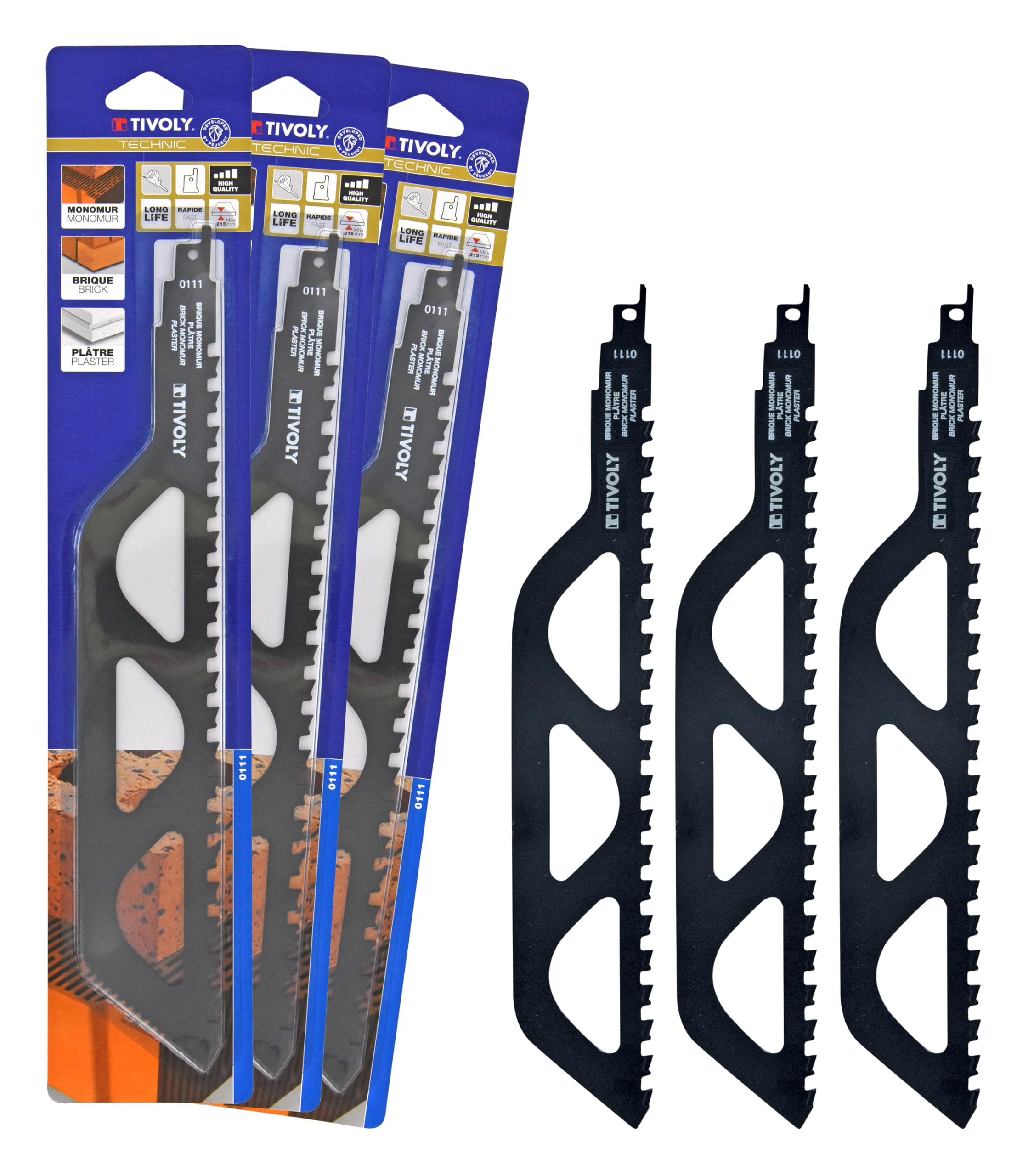 TIVOLY - Lot de Lames de Scie Sabre Spéciale Brique, Plâtre et Monomur - 3 Lames avec Dents en Carbure de Tungstène - Attache Universelle