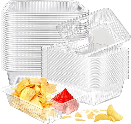 Miniatura 1 de Paquete de 200 bandejas de nachos de 12 onzas, 6.49 x 5.11 pulgadas, de plástico, 2 compartimentos, bandejas desechables para salsa de queso para