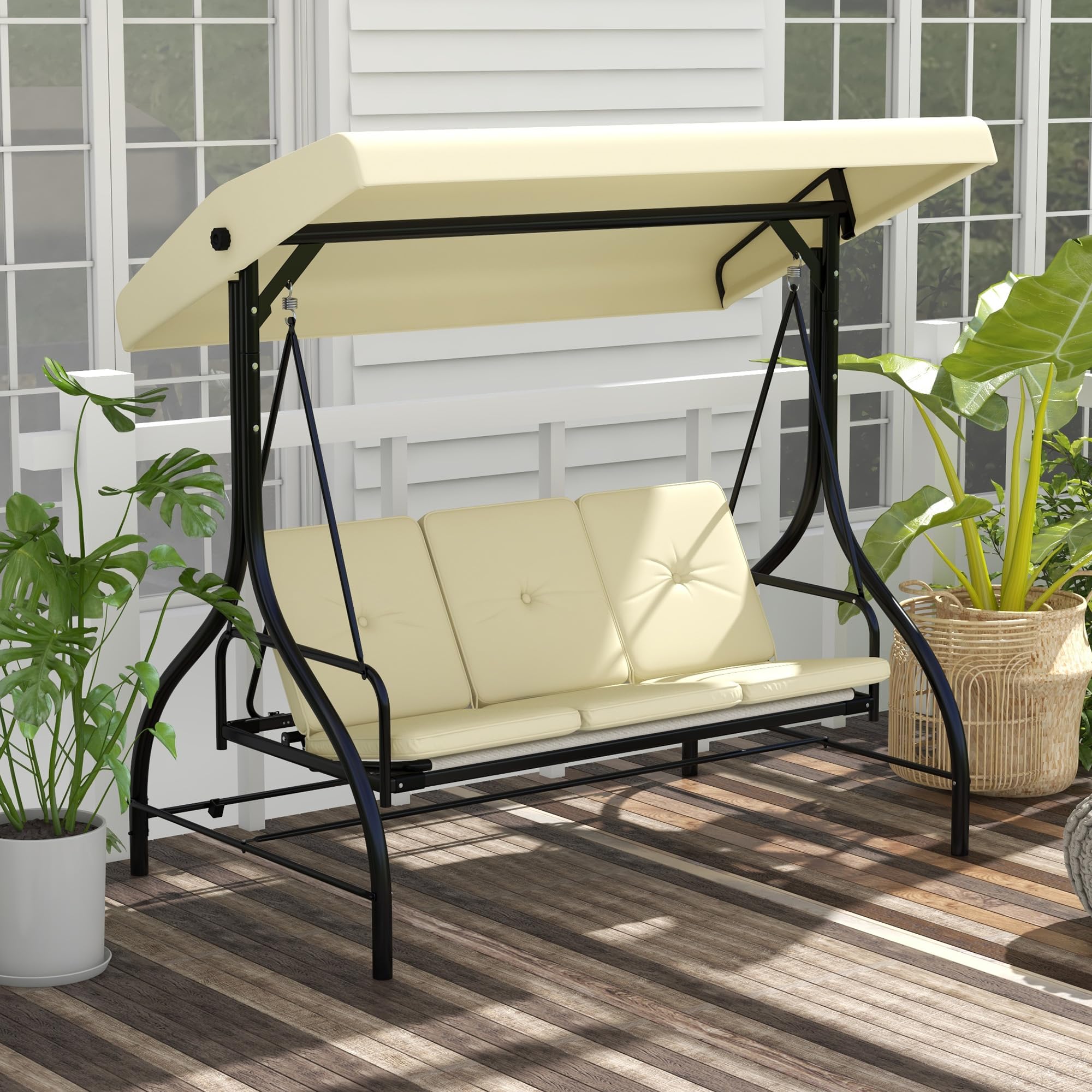 Outsunny Dondolo da Giardino 3 Posti, Dondolo Letto per Esterni con Tettuccio Regolabile, in Metallo e tessuto Teslin, Beige e Nero