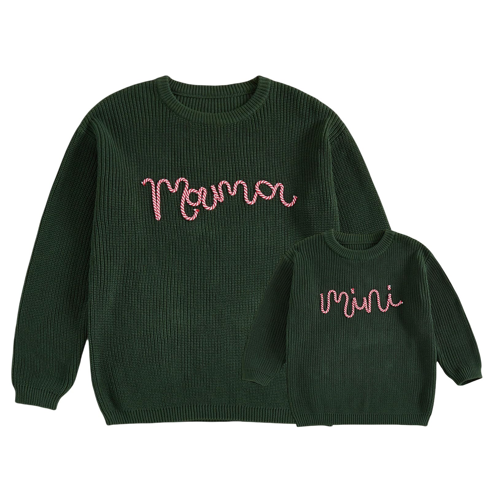 Mommy and Me Christmas Outfits Matching Sweater Letter Embroidery Long Sleeve Crewneck Xmas Knit Pullover Top