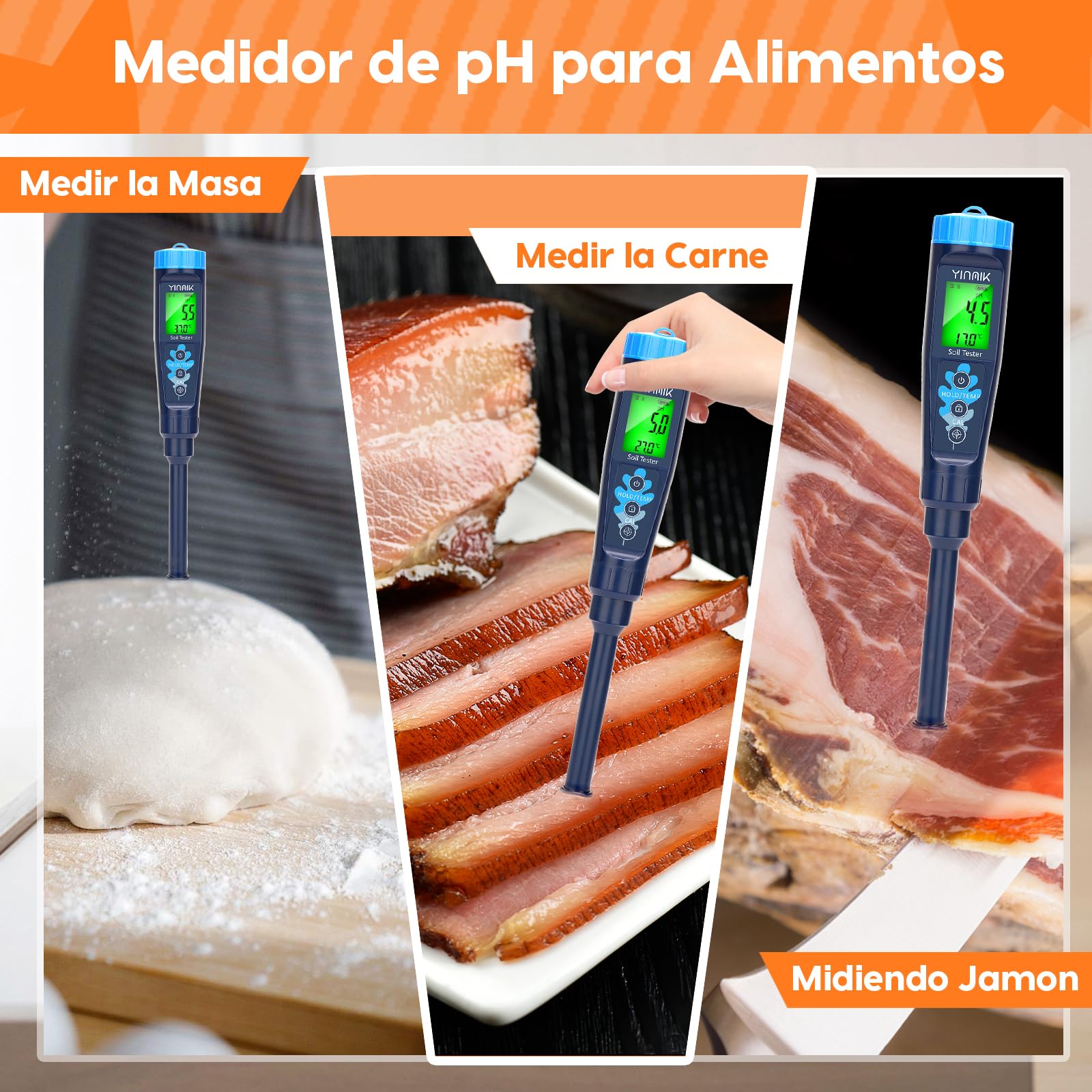 YINMIK Medidor de pH del Suelo, probador Digital de pH del Suelo y la solución, pH medidor Profesional para medir Alimentos, Agua, Carne, Cerveza elaboración, Piscina, Queso, Pan, Invernadero jardín