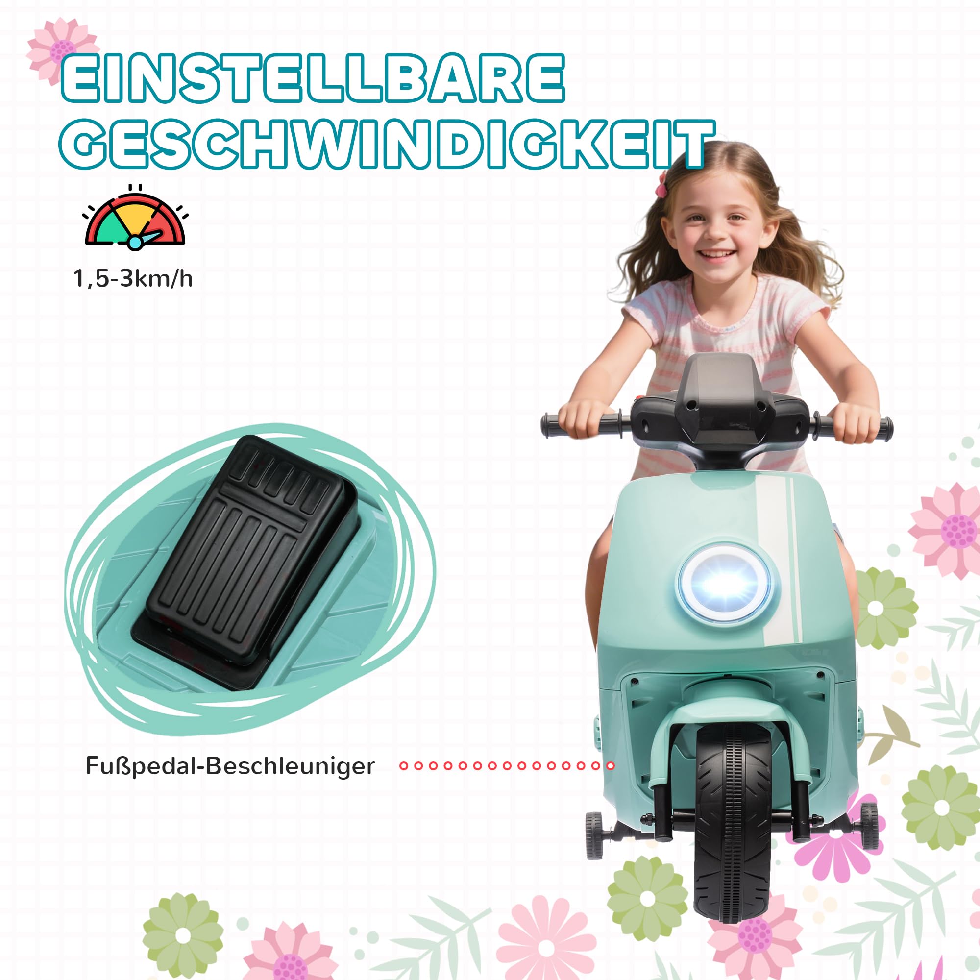 AIYAPLAY Kinder Elektro-Motorrad, 6V Kindermotorrad mit Scheinwerfer, Musik, Vor- und Rückwärtsgang, Trainingsräder, 1,5-3 km/h, Elektromotorrad für 1,5-3 Jahre Kinder, Grün