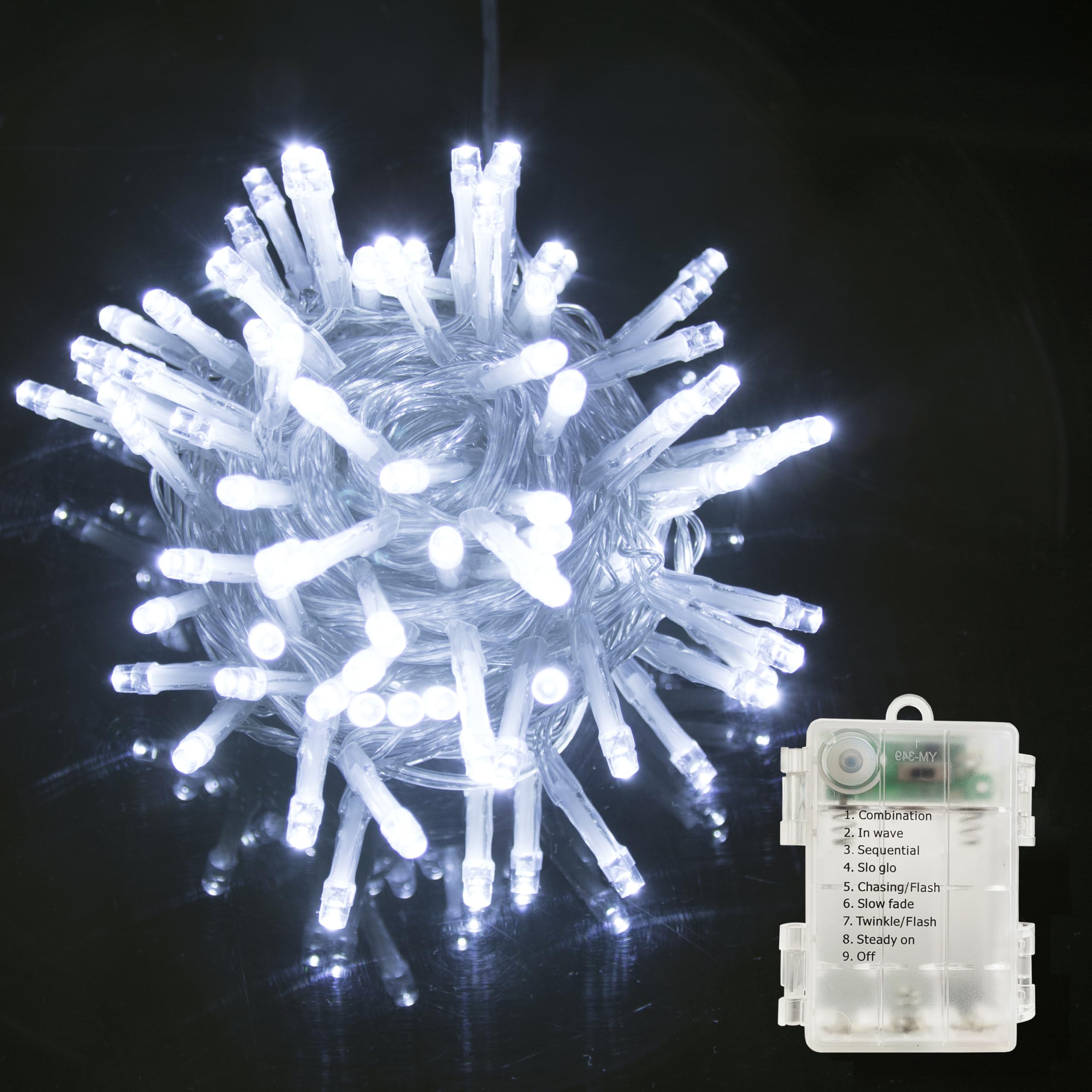 GHJ Guirnalda de luces LED, funciona con pilas con 8 modos y temporizador, interior/exterior para árbol de Navidad, fiesta de jardín (100 LED, blanco)