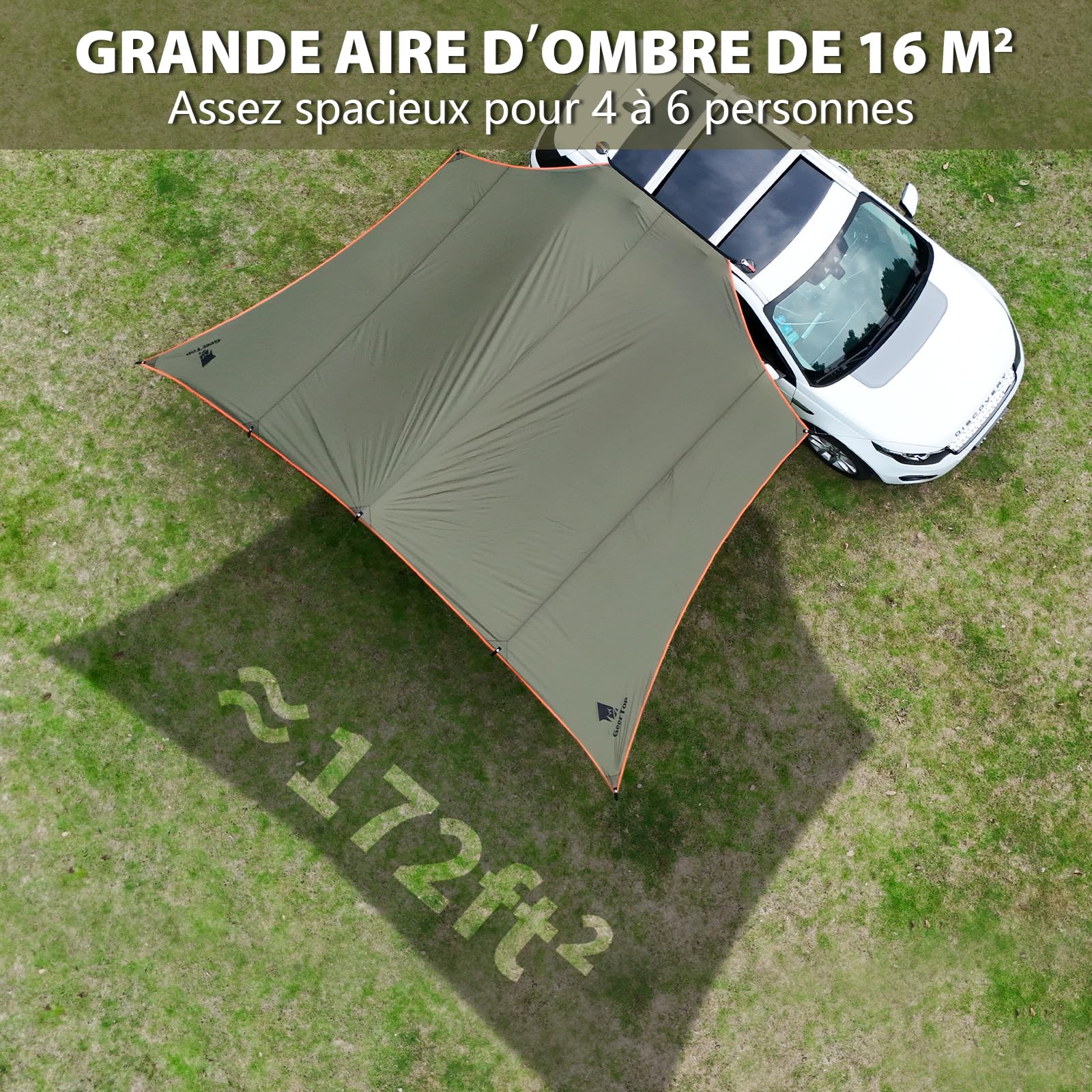 GEERTOP 3,5 x 5,8 m Store Auto Voile d'Ombre, Etanche 3000 mm Grand Auvent Latéral Auto avec 2 Bâtons, Toit Anti-Solaire Hydrofuge pour Camping Auto, caravanes, Camping Car, Auvent Fourgon
