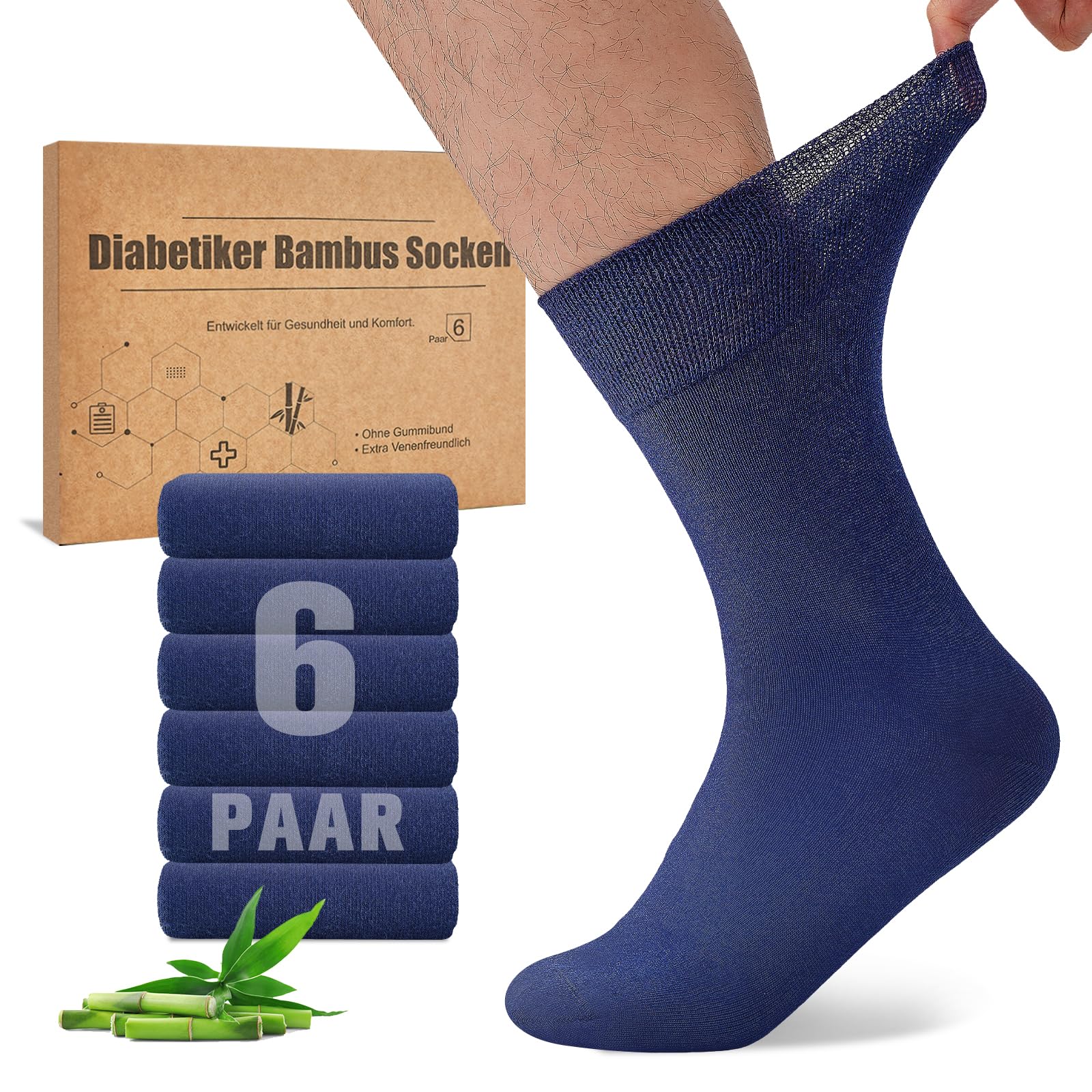 Niorasen Bambus Diabetikersocken, 6 Paar Diabetiker Socken ohne Gummibund & ohne Naht, Bambussocken Gesundheitssocken mit Komfortbund für Herren & Damen
