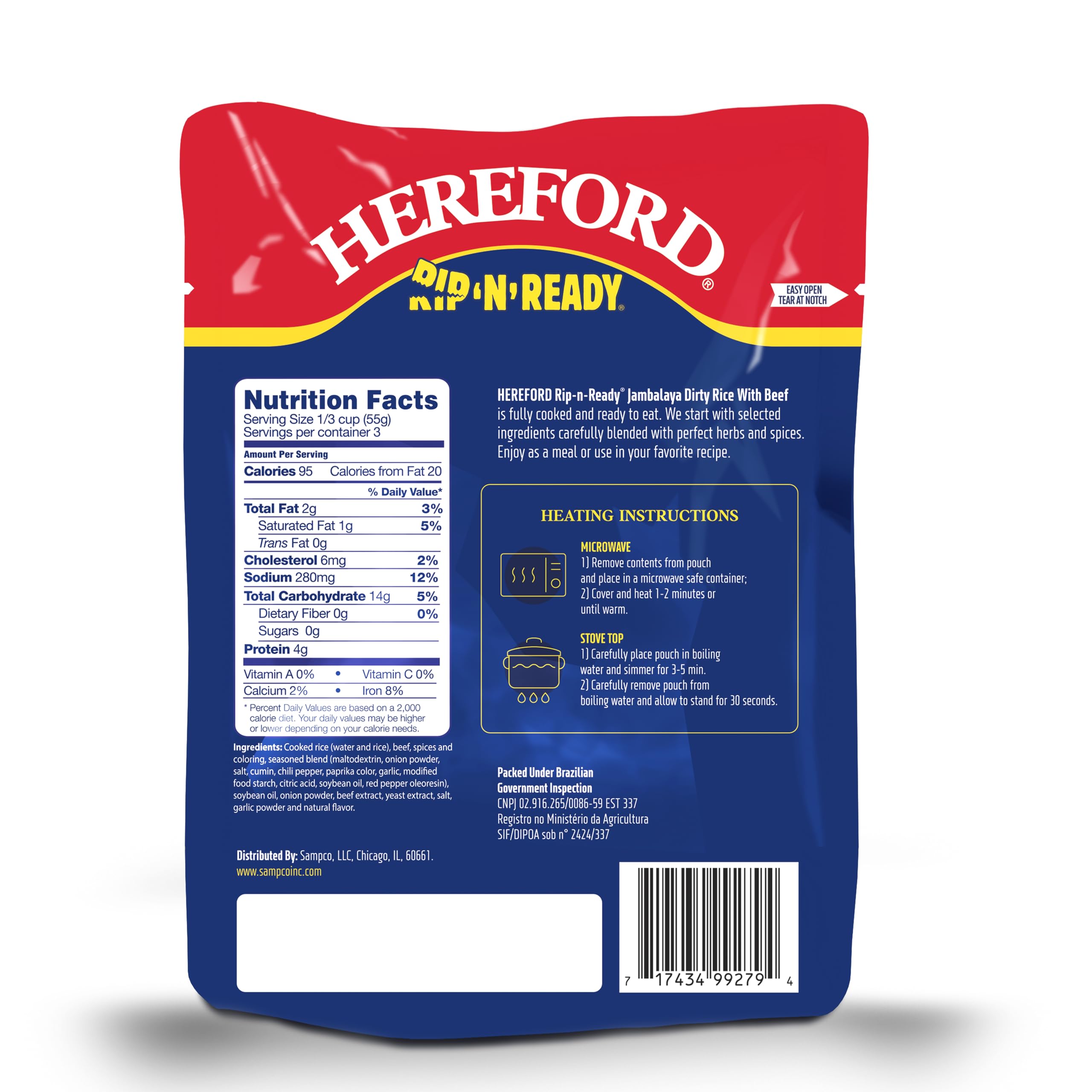 Hereford Jambalaya Dirty Rice with Beef | Shelf Stable | Fully Cooked | Ready-to-Eat | Beef Raised with No Added Hormones | 12g of Protein per Serving | 6oz per Pouch (Case of 12)