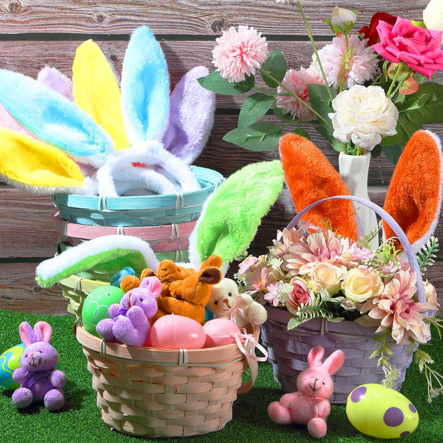 Yerliker 6 Pcs Easter Baskets with Ear Headbands Set Woven Bamboo Baskets with Handle Rustic Round Storage Bulk for Easter Candy Gift Shower Wedding Favor Decor Supplies (Colorful)