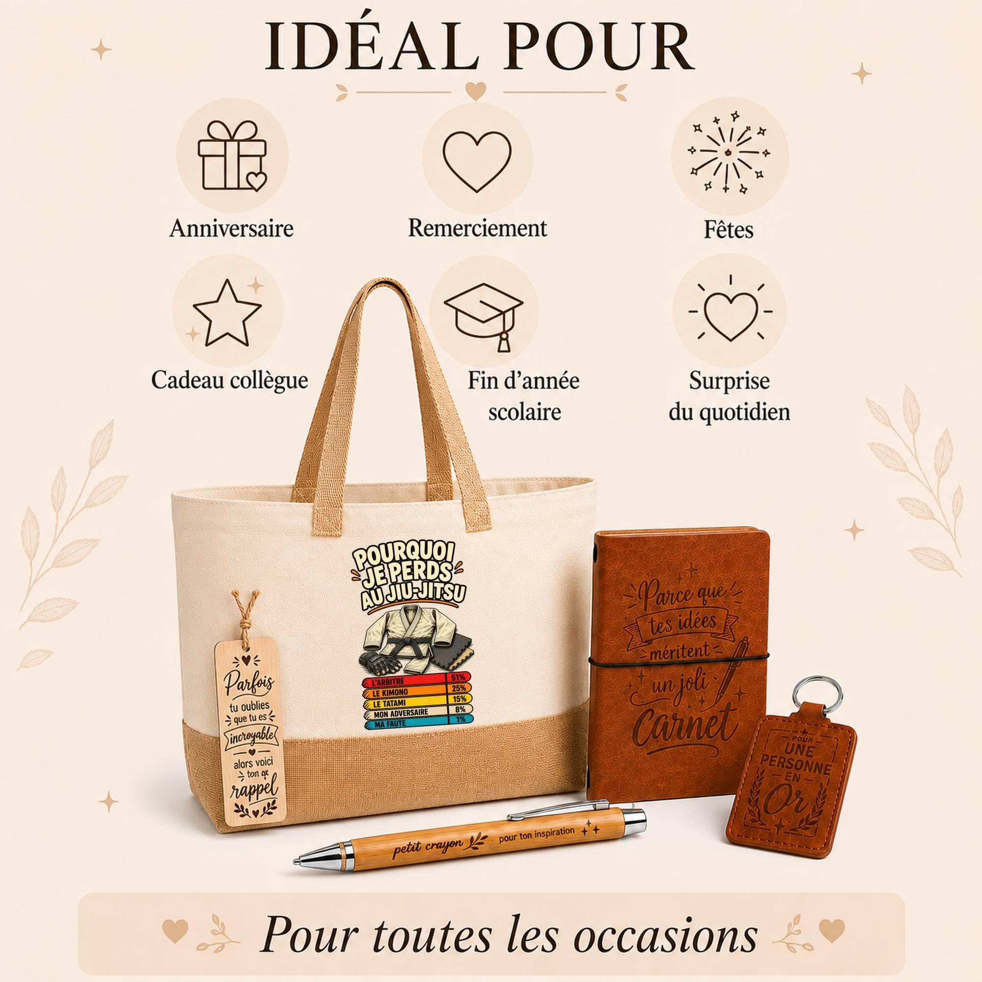Planetee Coffret Cadeau Jiu Jitsu Pourquoi je perds | Sac Cabas Coton et Jute 18 L, Carnet, Stylo Bambou, Porte-Clés, Marque-Page | 5 Pièces Gravées | Anniversaire Noël