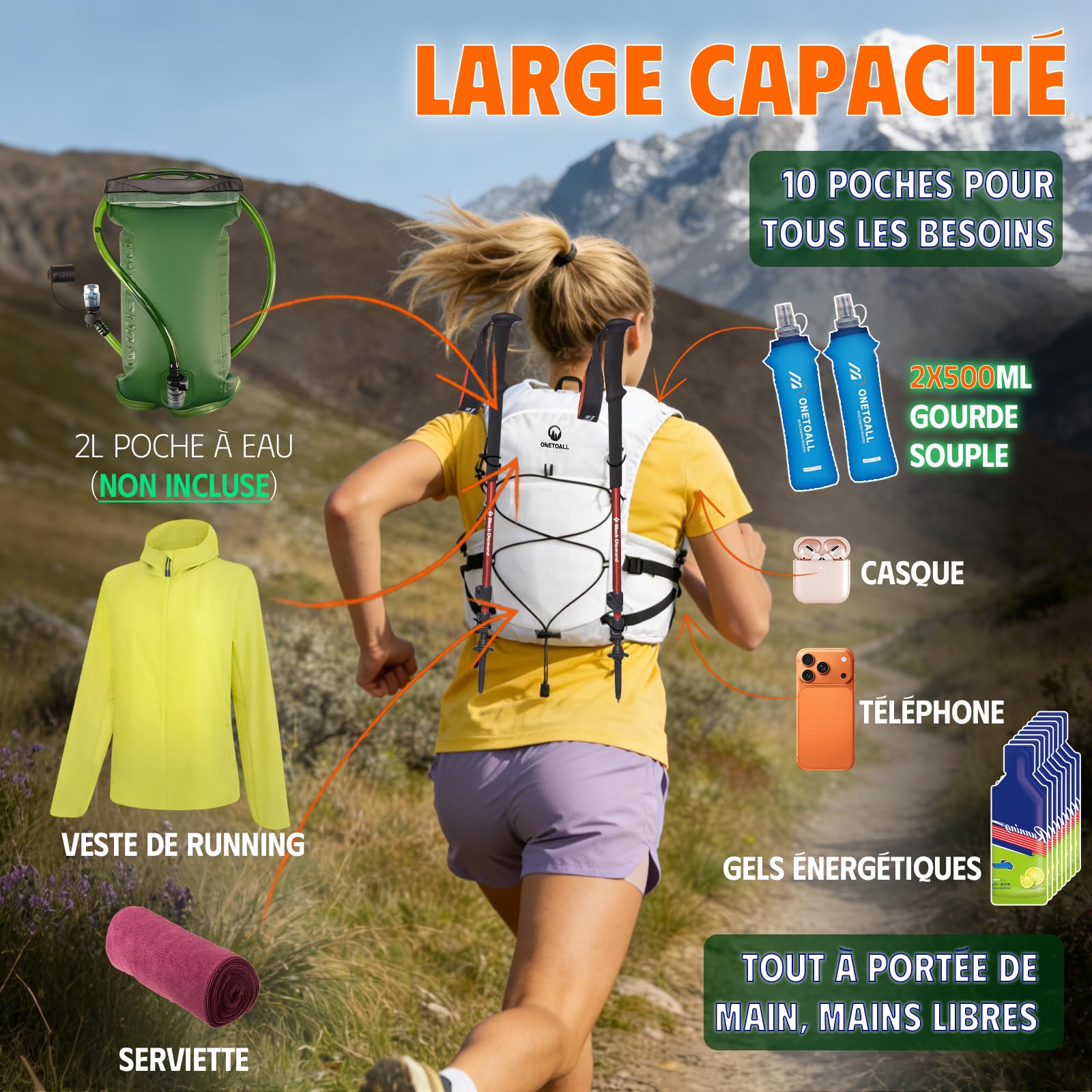 ONETOALL Gilet d'Hydratation Réfléchissant avec 2 Bouteilles 500ml - Sac à Dos de Course pour Homme Femme - Veste Running pour Marathon, Trail, Jogging - 5