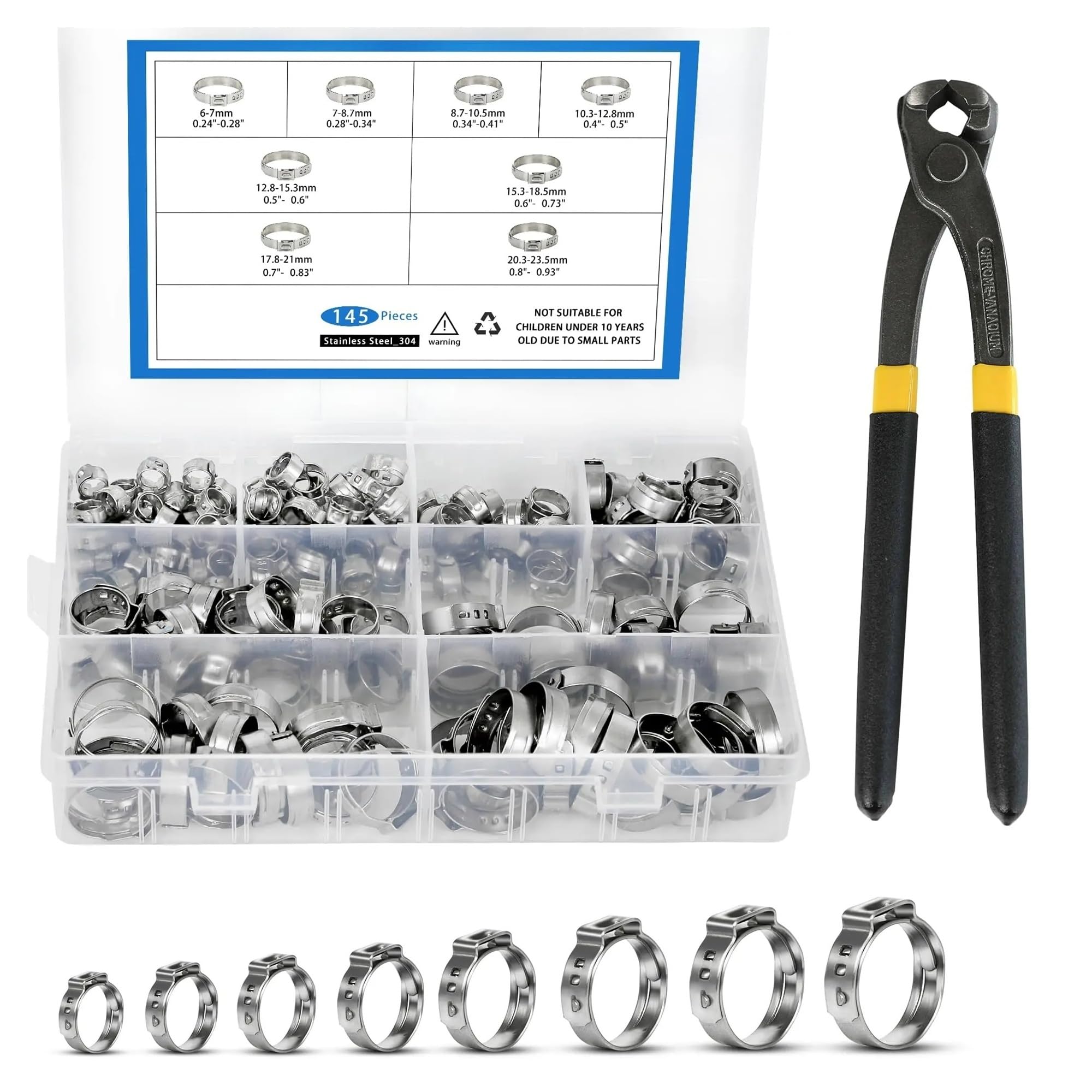 Kit surtido de 145 abrazaderas de manguera de una sola oreja sin escalonamiento de 6-23,5 mm, de acero inoxidable 304, + 1 alicate for abrazadera de manguera.(145PCS with plier)